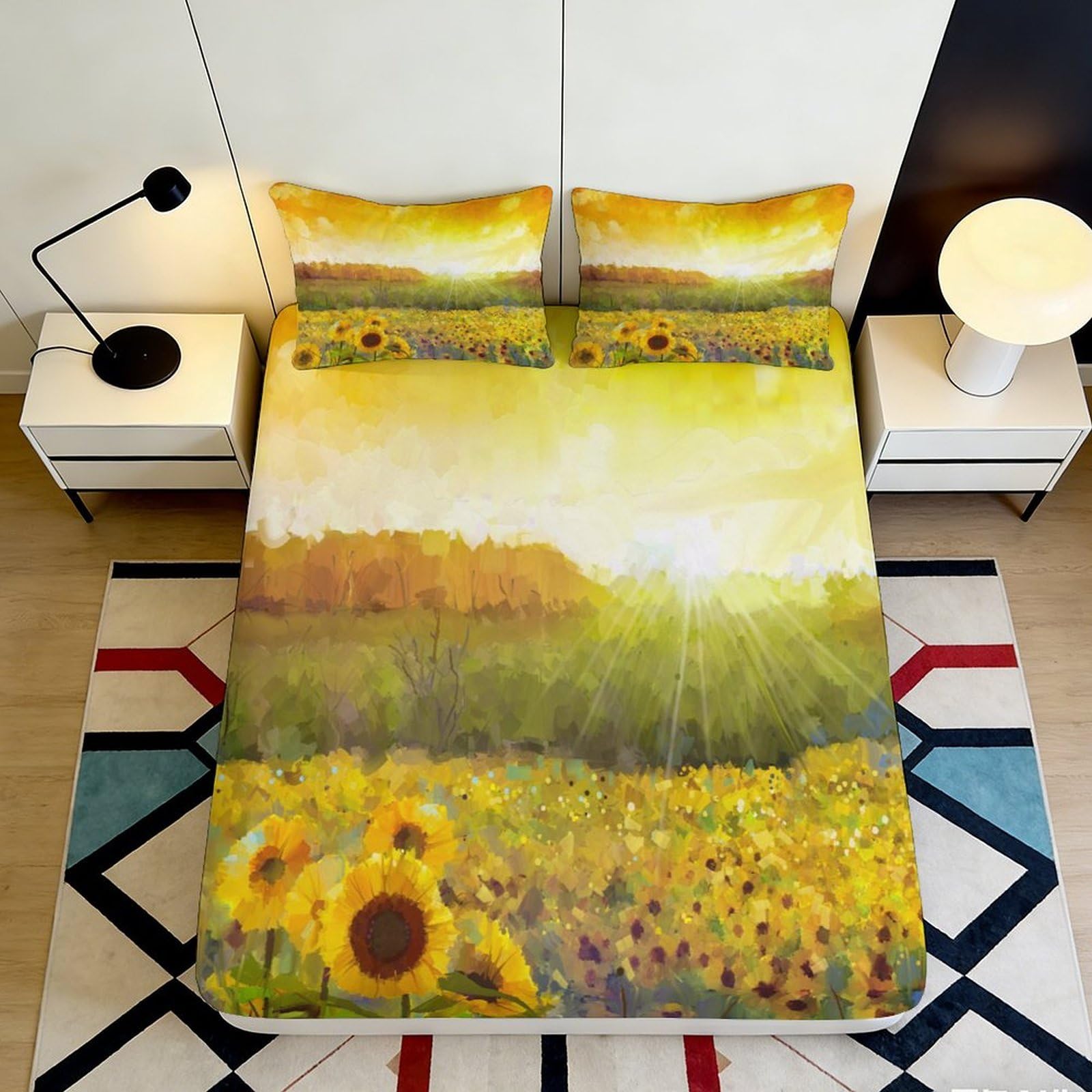 3D Printed Sunflower Field Fitted Sheet Microfiber Deep Pocket Non-Slip Bedroom Bedding Sunflower Mattress Fitted Cover Washable for Adults 90x200x25cm