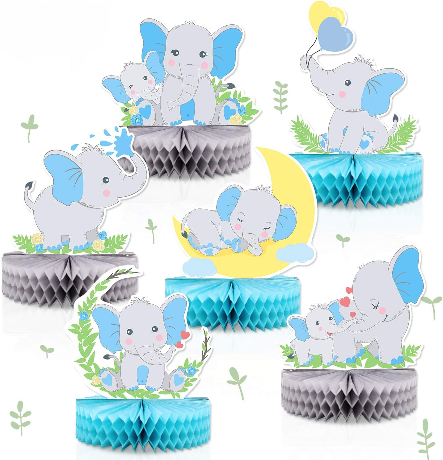 6 PCS Blue Elephant Honeycomb Centerpieces Baby Boy It's A Boy Table Decorations Blue Little Peanut Cutouts for Blue Elephant Theme Baby Shower Birthday Party Supplies
