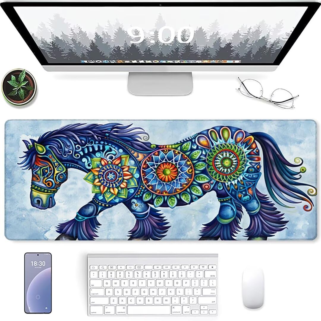 Excel Shortcut-Tasten-Mauspad - erweitertes großes 1200 x 600mm XL-Spickzettel-Gaming-Mauspad | PC-Büro-Tabellenkalkulation-Tastaturmatte | rutschfeste genähte Kante Aquarell Pferd