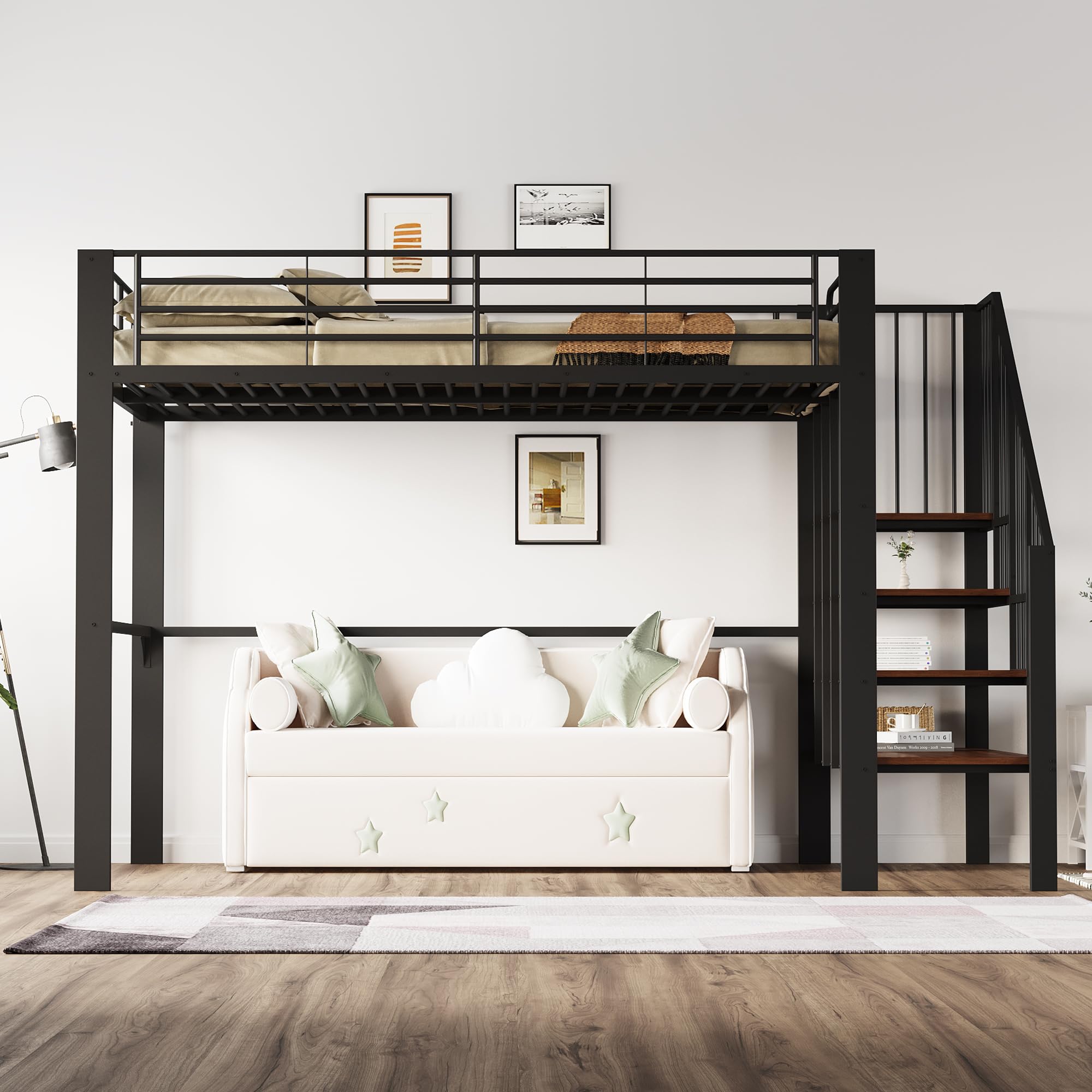 Dolamaní Letto a soppalco 140 x 200 cm per bambini e adulti, con ampio spazio di archiviazione sotto il letto e scala ideale (Nero B)