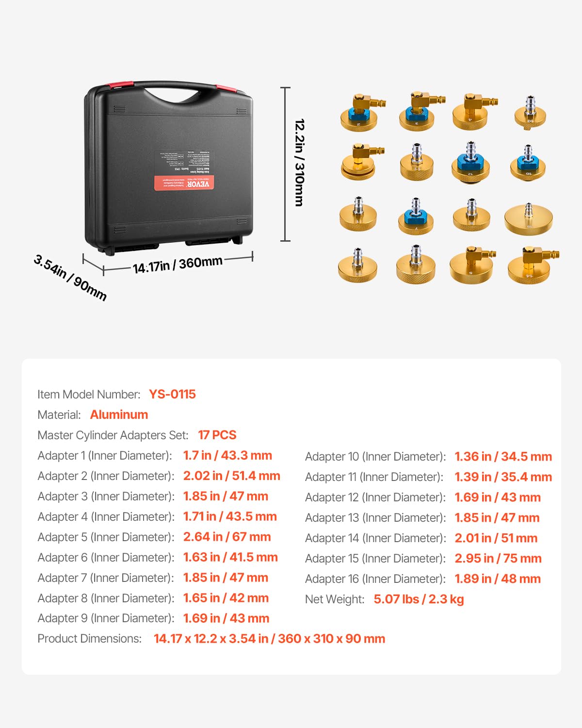 VEVOR Kit de Purga de Frenos Maestro, 17 uds, Juego de Adaptadores de Purga de Frenos Profesional con Kit Completo y Manija, Apto para la Mayoría de Vehículos Nuevos y Viejos, 360 x 310 x 90 mm