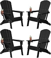 Plawdlik Folding Adirondack Chairs Set of 4 with Cup Holders - All-Weather HDPE Wooden Texture, 380lbs Capacity, Black Outdoor Poolside