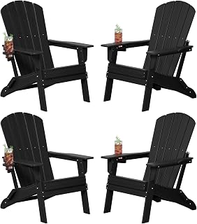 Plawdlik Folding Adirondack Chairs Set of 4 with Cup Holders - All-Weather HDPE Wooden Texture, 380 lbs Capacity Black