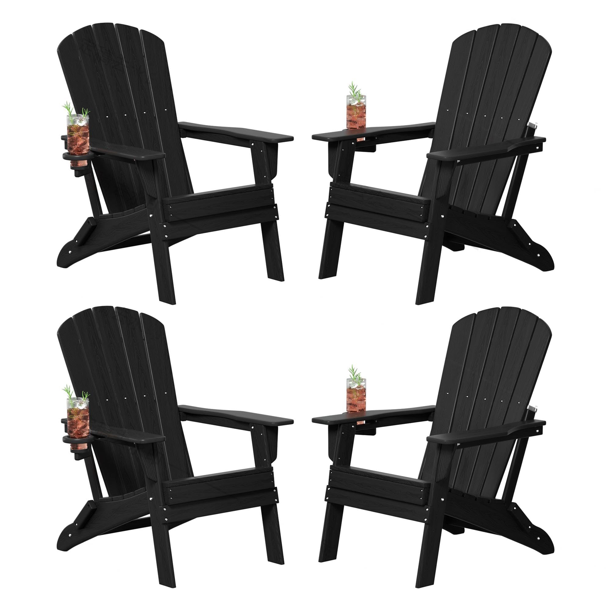 Plawdlik Folding Adirondack Chair Set of 4, Cup Holder,Wooden Textured ,Heavy All-Weather HDPE Comfortable Set Poolside Backyard Lawn Black