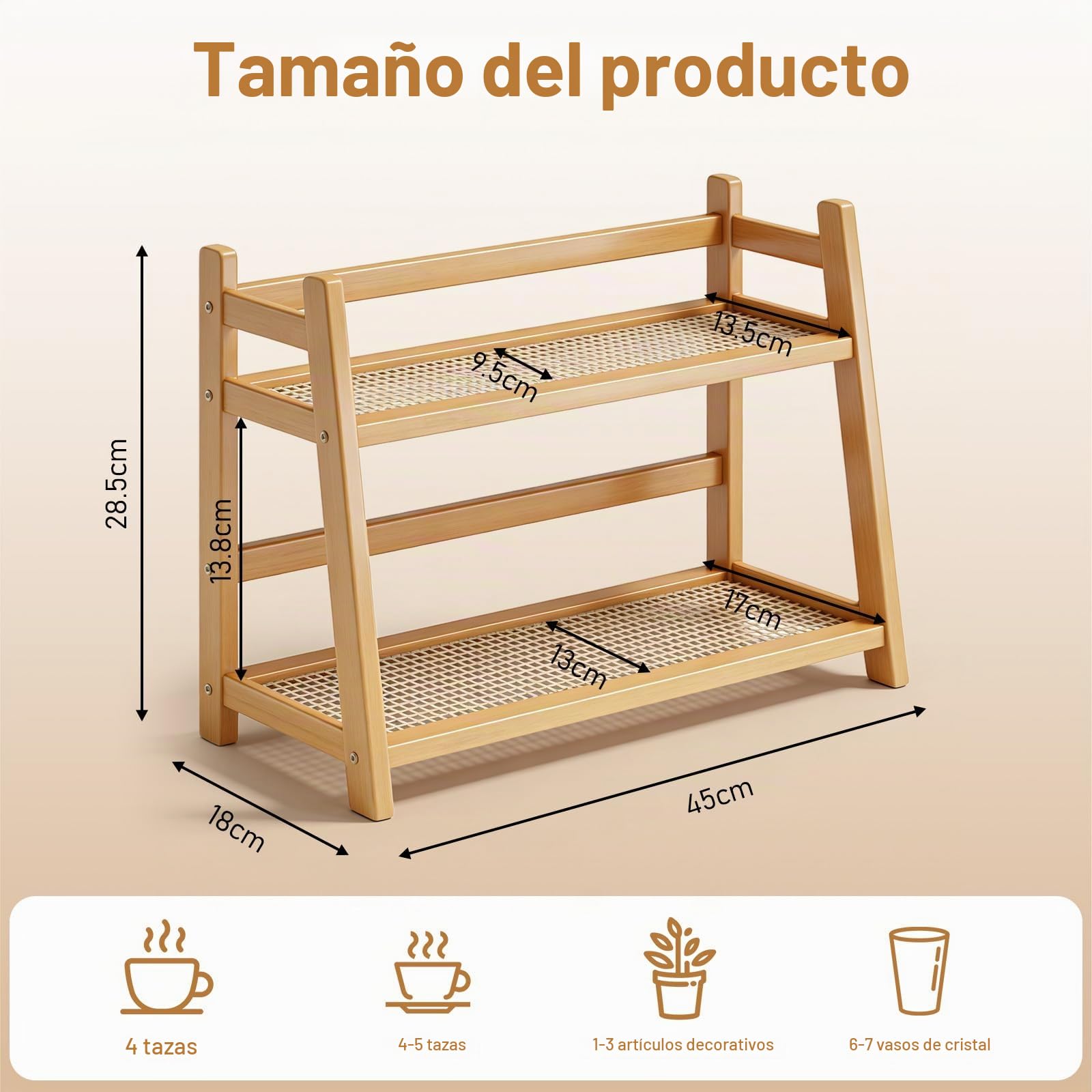 45 x 18 x 29 cm Organizador de cocina, 2 niveles de imitación de bambú, tejido de ratán, decoración de cocina, organización, almacenamiento de cápsulas de café y estante para especias, almacenamiento