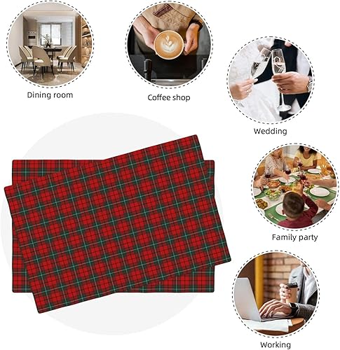 Miniatura 8 de Juego de 4 manteles individuales Macaulay Clan de lino tartán rojo y verde de doble capa, manteles individuales decorativos de cocina de granja,