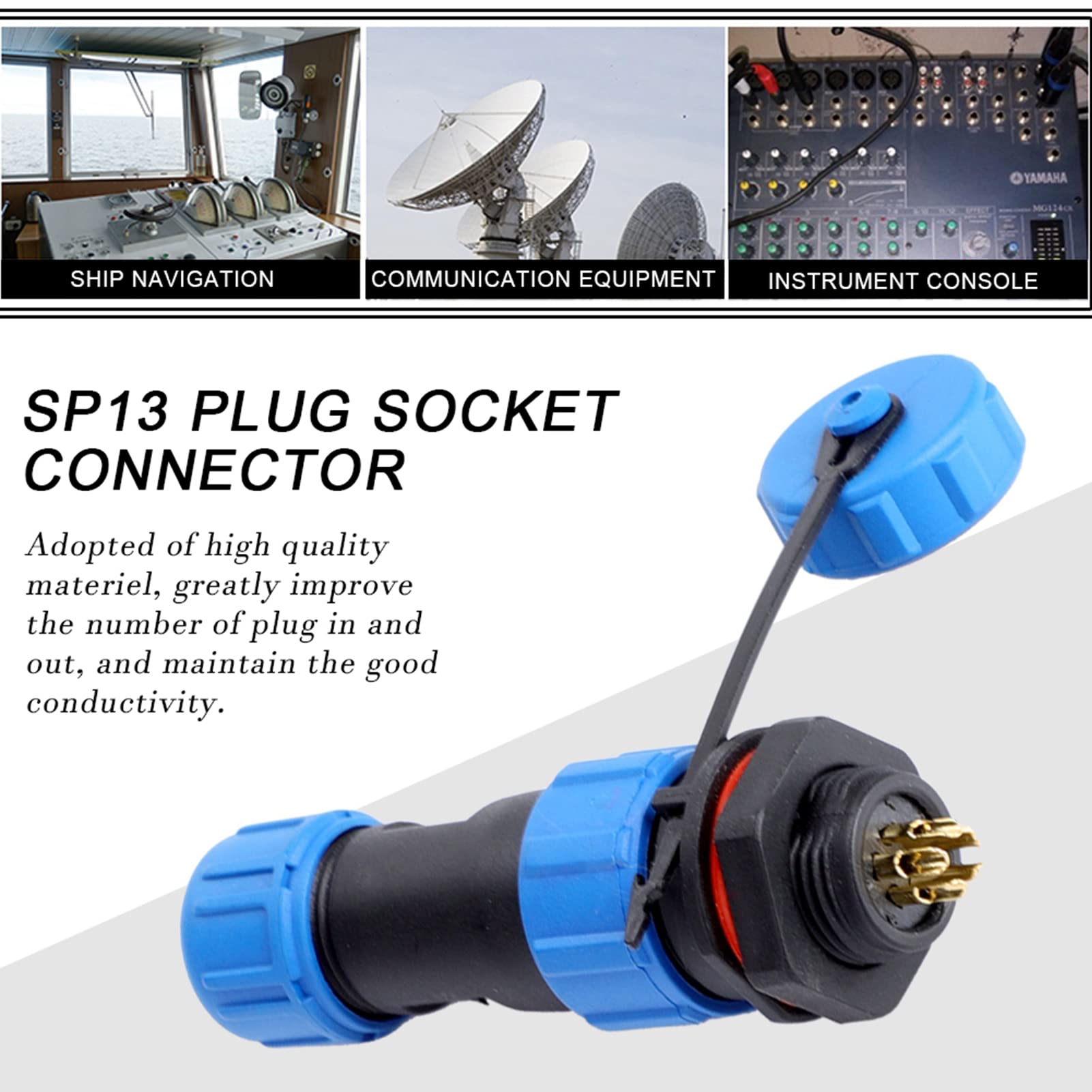 IP67 sp13 Waterproof Plastic Plug + Panel Socket 2/3/4/5/6/7/9 Pin (5pin), Electrical Accessories, Blue - Image 3