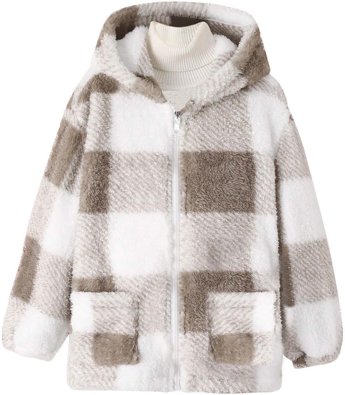 Girls Fashion Plaid Hooded Jacket Vintage Fuzzy Fleece Flannel Full Zipper Coat Kids Fall Winter Soft Comfy Furry Clothes 7-8 Years Khaki - Image 1 of 6