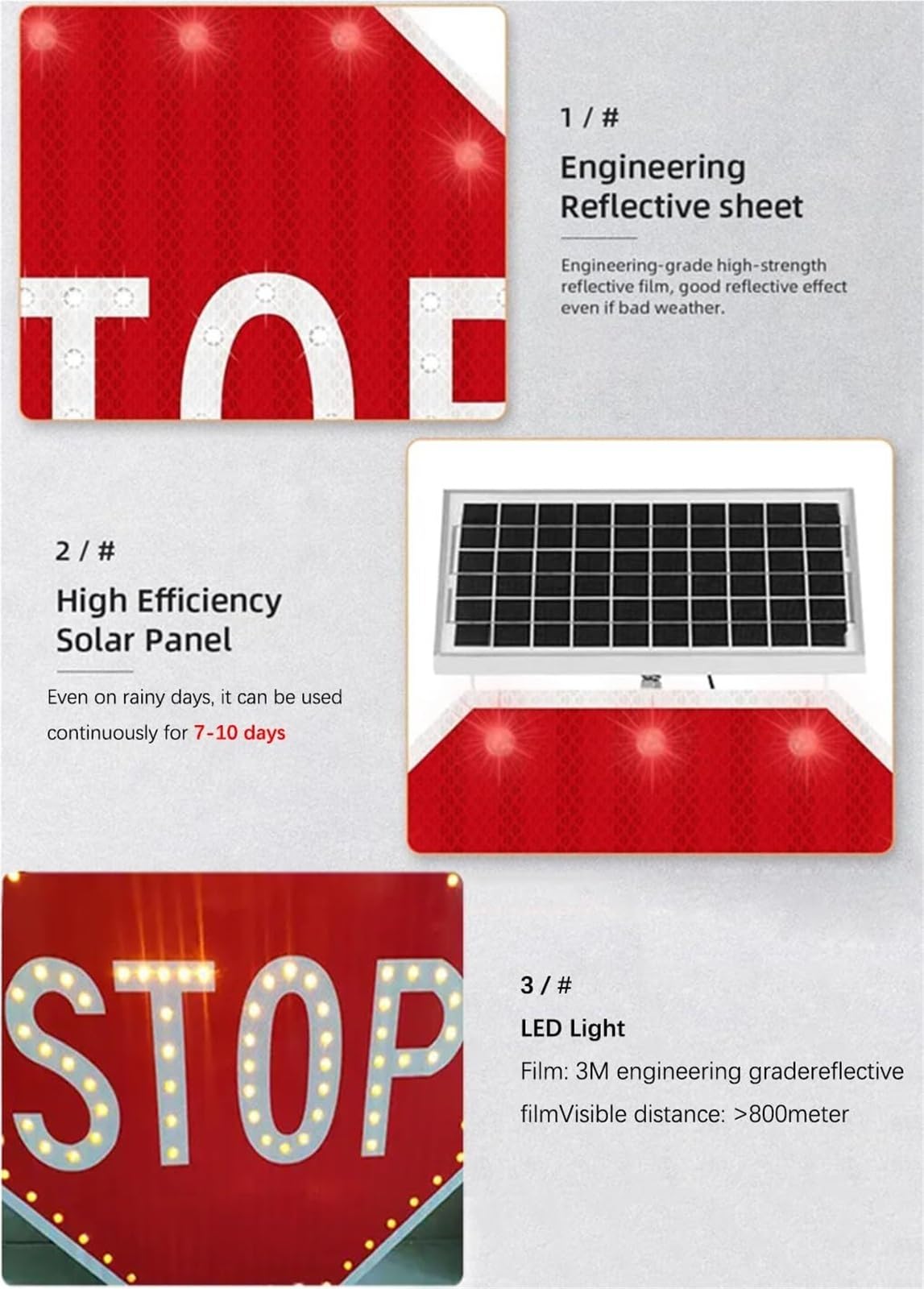Znak drogowy LED Stop zasilany energią słoneczną, aluminiowy, o wysokiej widoczności w dzień i w nocy, zapewniający bezpieczną kontrolę ruchu(Flashing)
