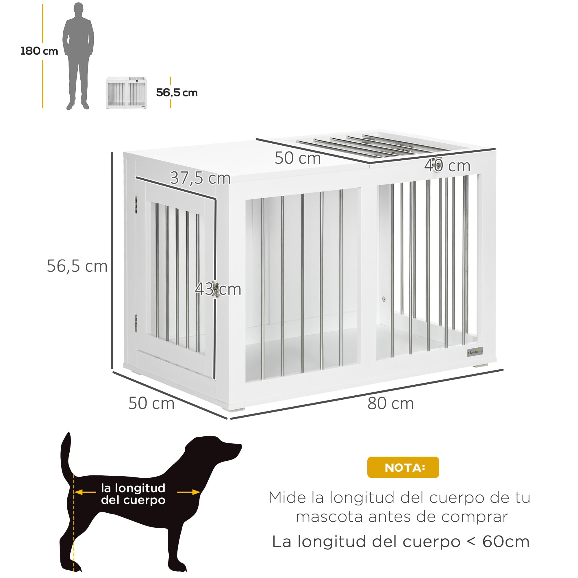 PawHut Jaula para Perros Medianos 2 en 1 Mesa Auxiliar Estilo Moderno con 2 Puertas con Pestillo y Estructura de Acero Inoxidable Casa para Perros 80x50x56,5 cm Blanco