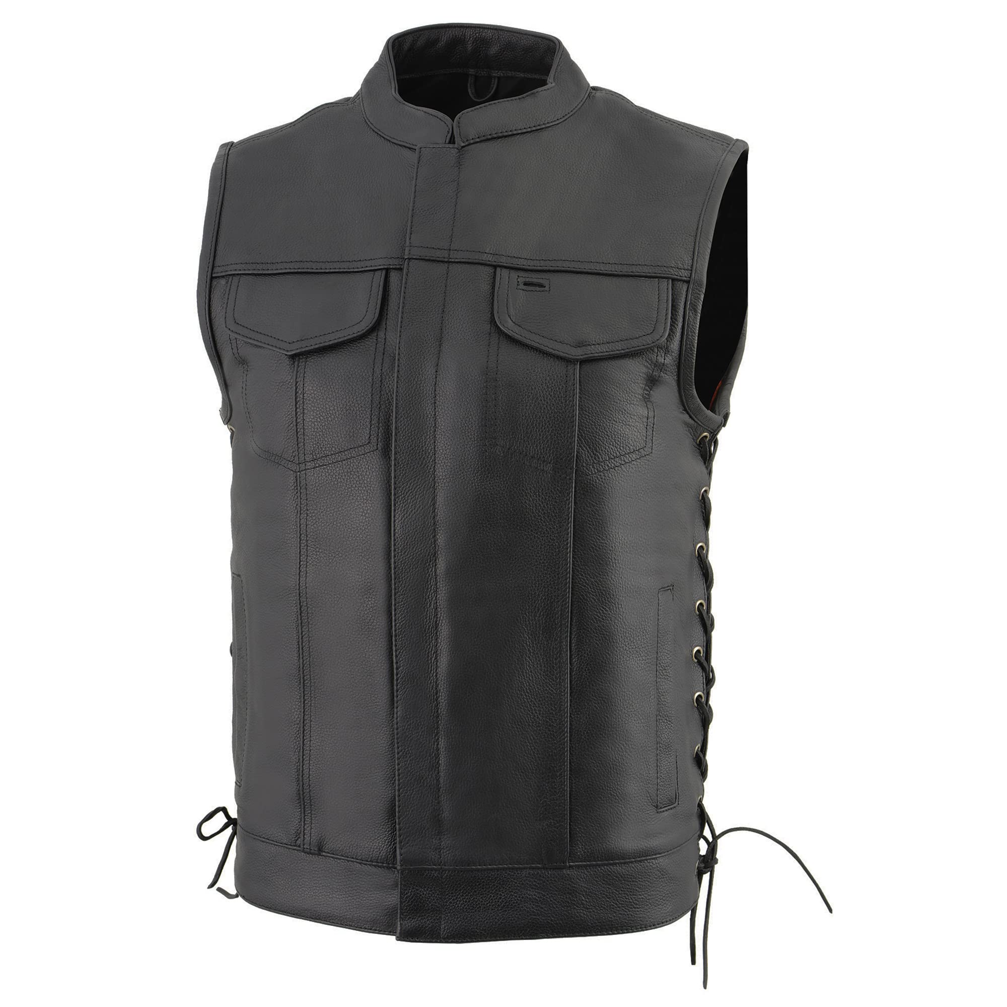 Mens SOA Leather Vest w/Side Lace & Dual Side Conceal Weapon Gun Pockets (Medium)