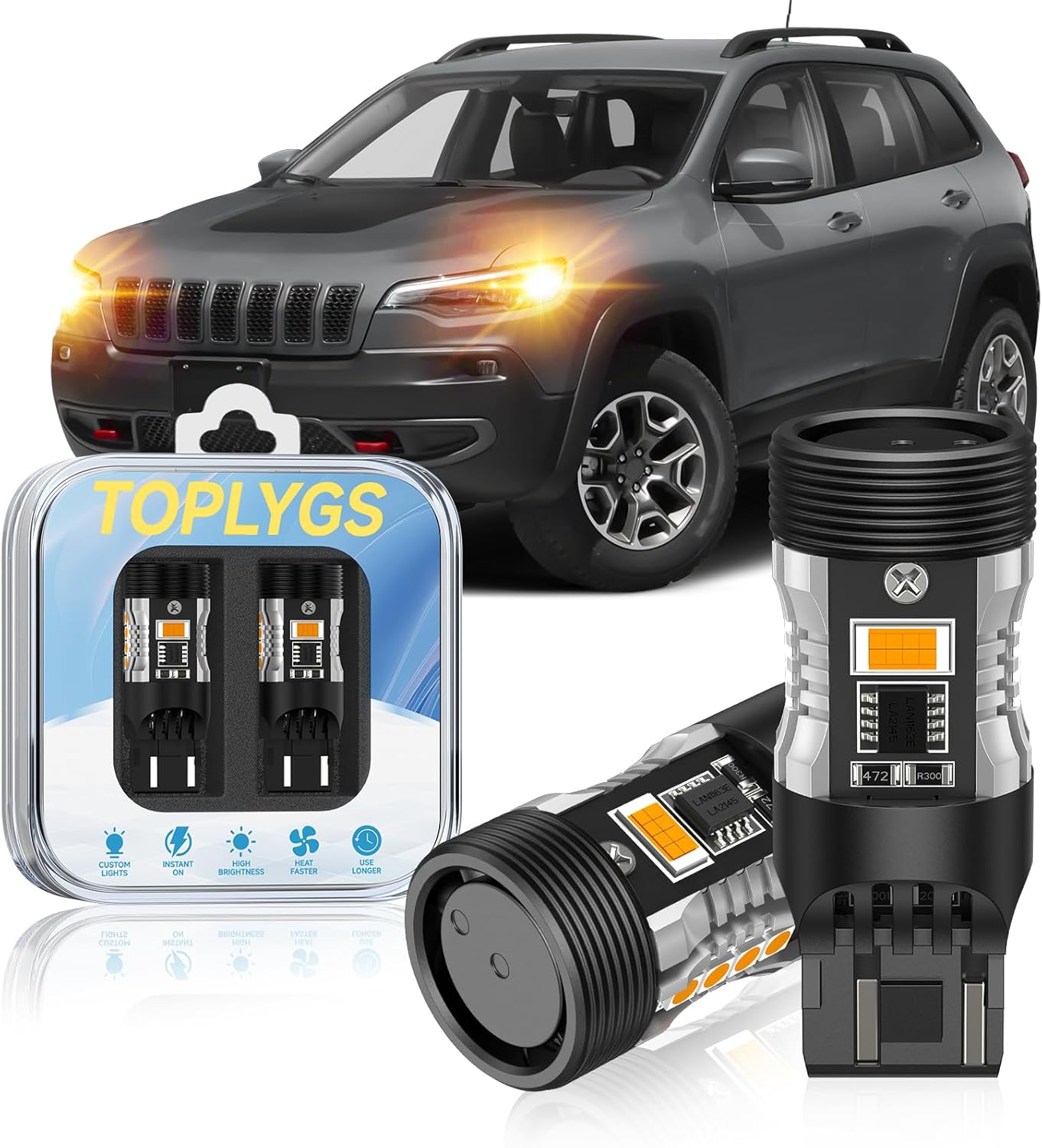 7440 Amber LED Turn Signal Light Bulb Fit for Jeep Cherokee 2014-2019 Front Turn Signal Lights, 600% Upgraded Brightness, 60000 HRS Lifespan with 15000RPM Fan, Pack of 2