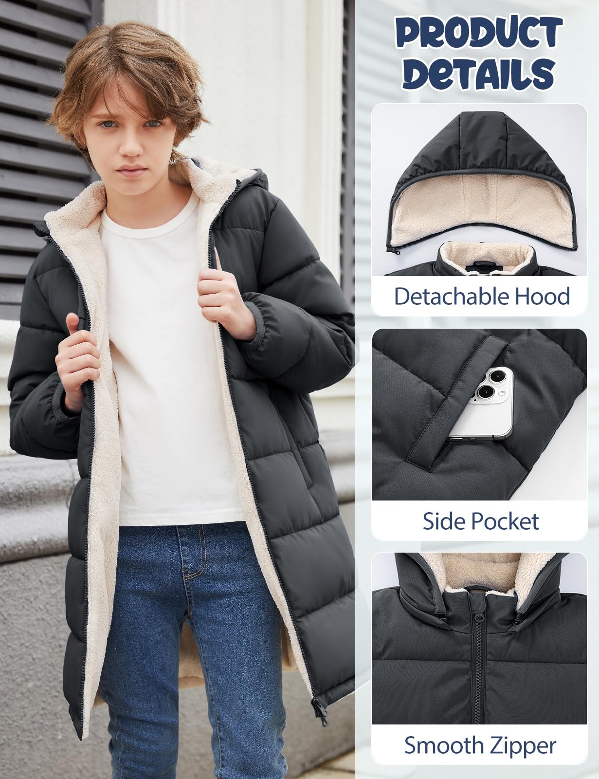 heekpek Kinder Fleece Winterjacke Jungen Warm Gefüttert Mit Kapuze
