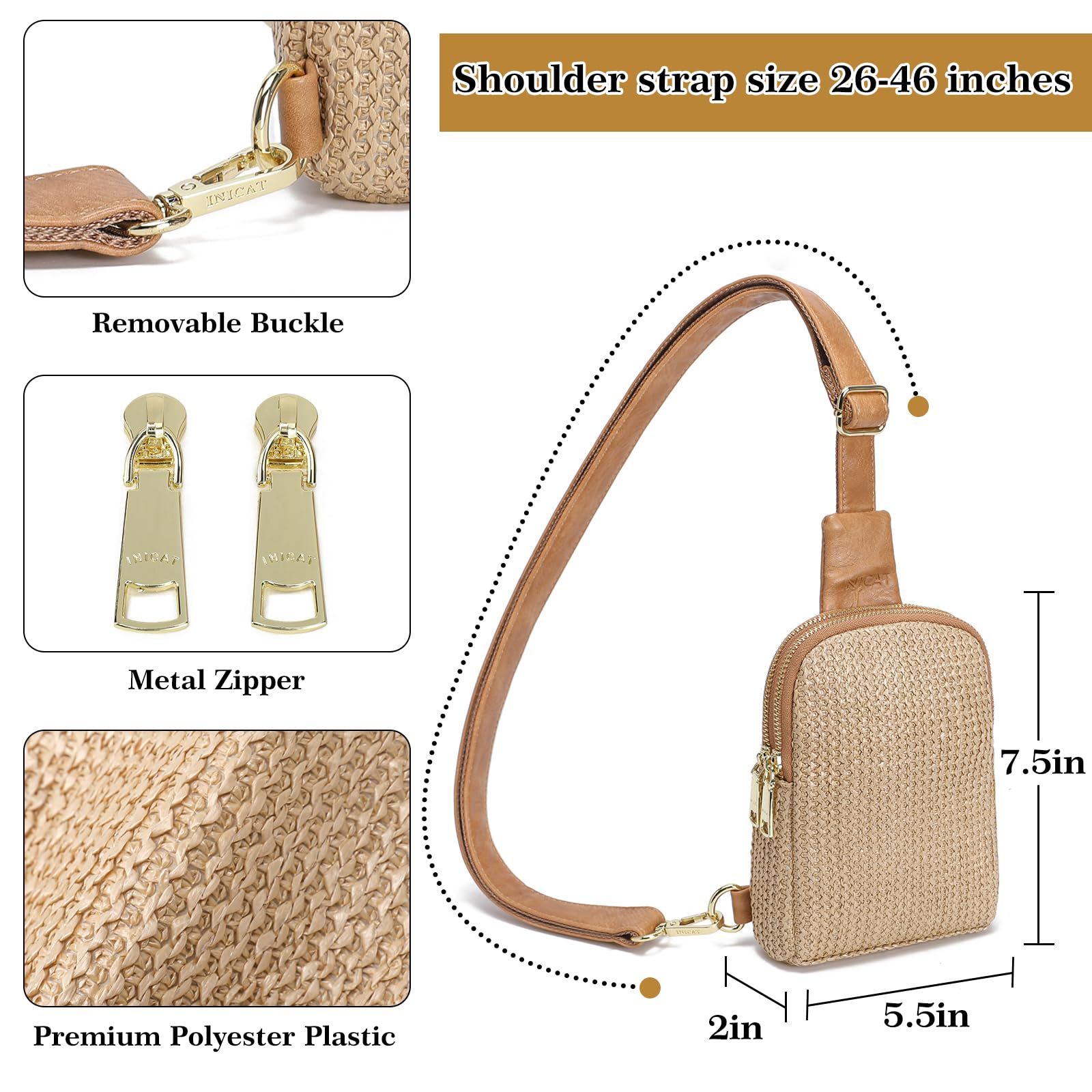 Bolsa de paja de verano, bolsa de playa, bolsa cruzada de ratán tejido para mujer 2025, Tejiendo Khkai, Pequeña, Mochilas Sling 3