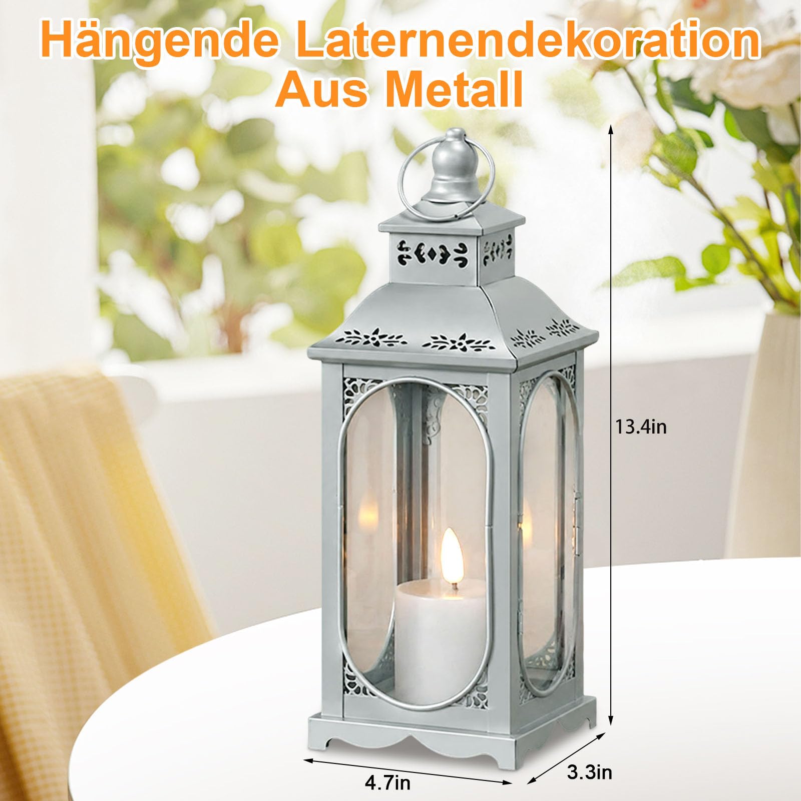 Lanterna argentata per candele, decorativa, 34 cm, in metallo, per esterni