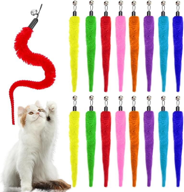 Larrel 16PCS Cat Worm Toy Replacement, Cat Wand Toy Accessories, Soft Worm Cats Toys Teaser with Bell, Fuzzy Worms Toys Attachments Replacements for Indoor Cats and Kitten (8 Colors)