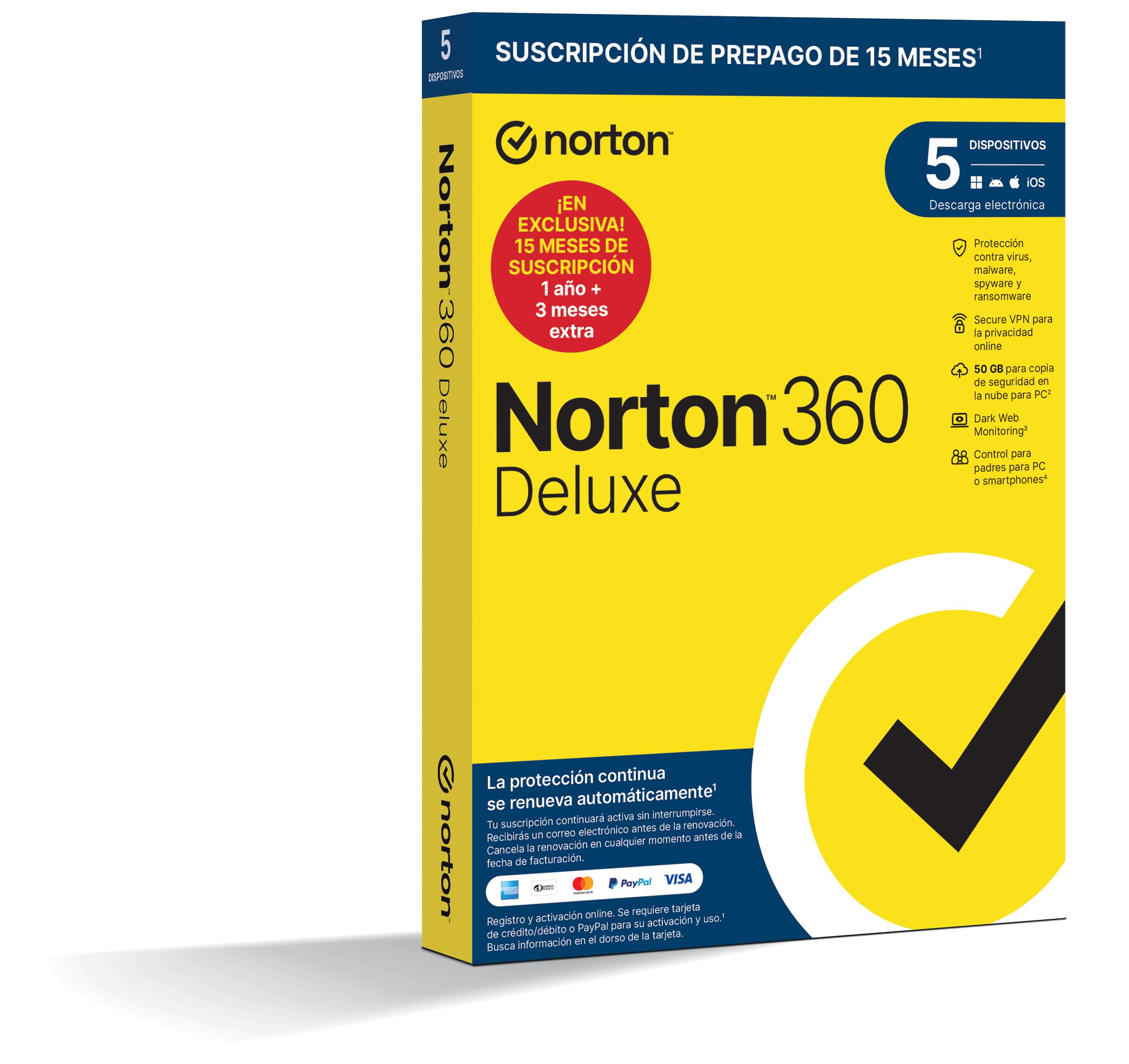 Norton 360 Deluxe 2026 - Antivirus Software para 5 Dispositivos y 15 Meses de Suscripción con Renovación Automática, Secure VPN y Gestor de Contraseñas, para PC, Mac Tableta y Smartphone