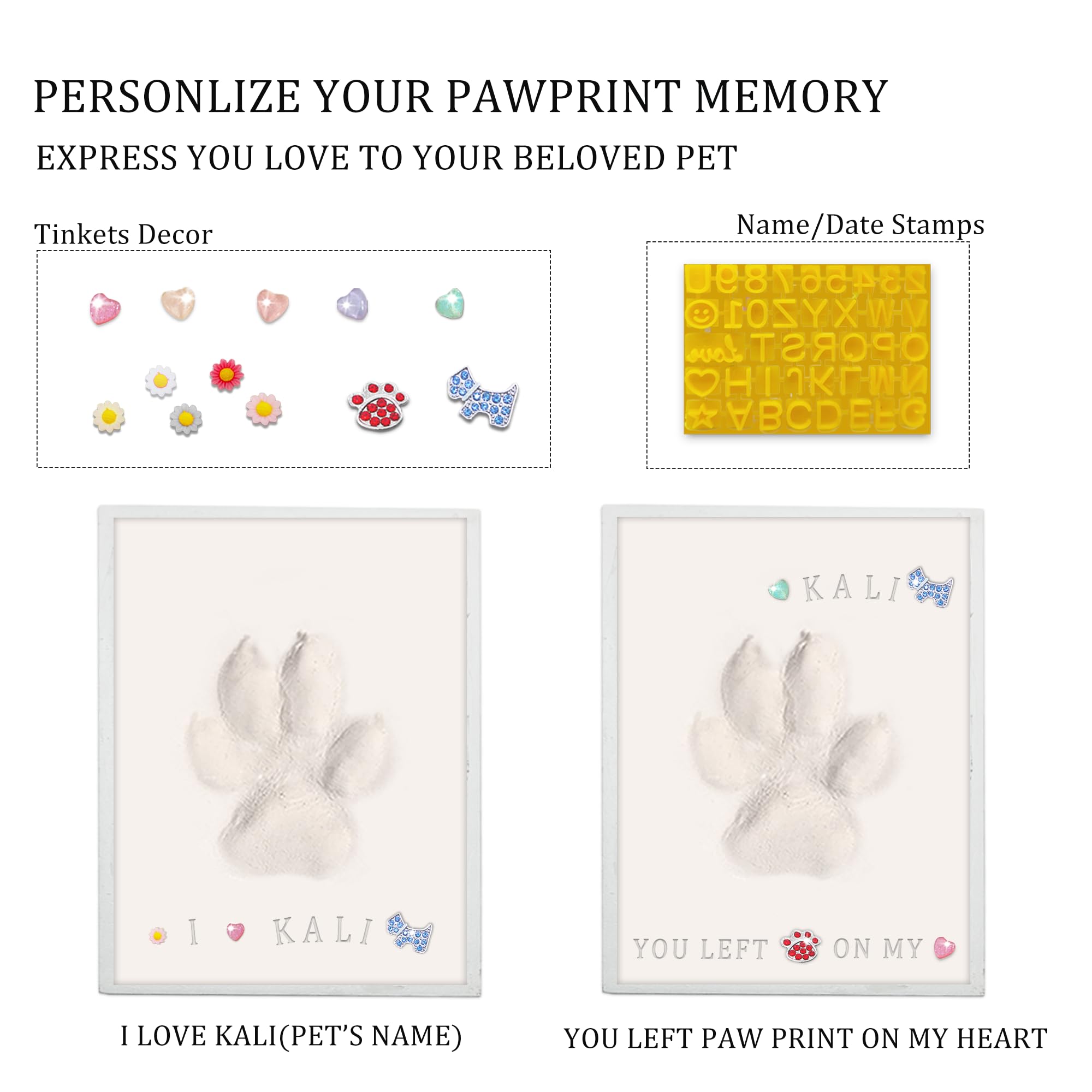 MYPAWLETS Kit de impresión de huellas de perro o gato con baratijas, kit de impresión de huellas de mascotas con 2 arcillas, marco de fotos de madera para perro, tamaño grande, color blanco