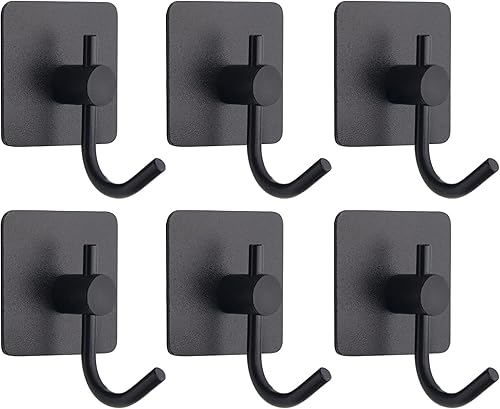 PMMASTO Ganchos para toallas  Gancho de pared resistente para colgar  Ganchos de ducha (negro, forma de J, 6 unidades)