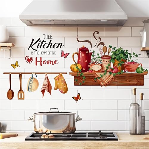 Miniatura 2 de Kitchen is the Heart of Home - Calcomanías de pared para utensilios de cocina, diseño de mariposas verdes, vinilo extraíble para cocina, comedor,
