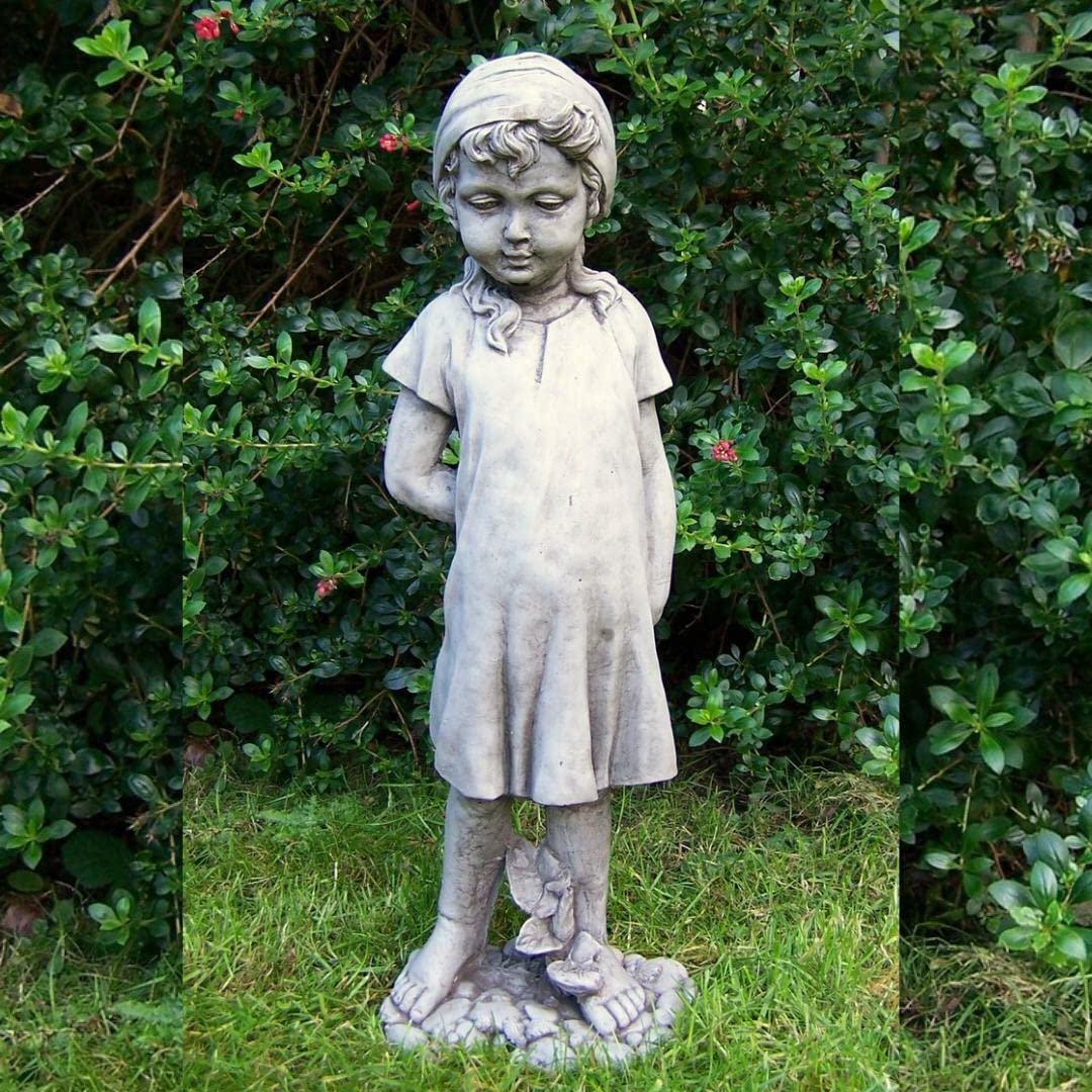 Discount Garden Statues Girls Antique Grey Dgs Statues – Stone Cast, Young Holding Roses Behind Her Back, Medium, Hand Finished, Statue, Sculpture