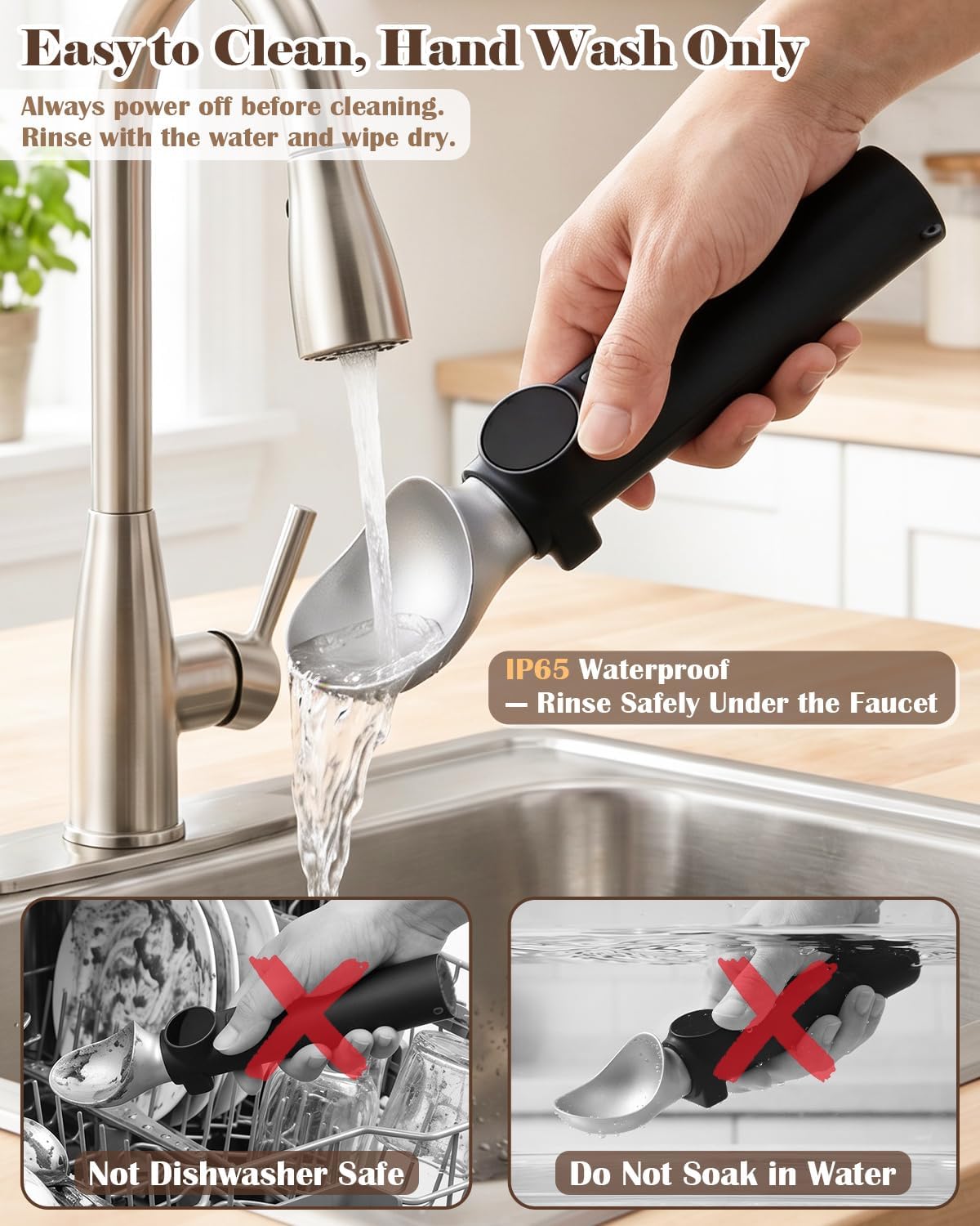 Heated Ice Cream Scoop Rechargeable, Electric Metal Ice Cream Scooper with 3-Level Heat 120-160 °F & 2500mAh Battery, Easy Scooping, LED Display, IP65 Waterproof, Kitchen Gadget