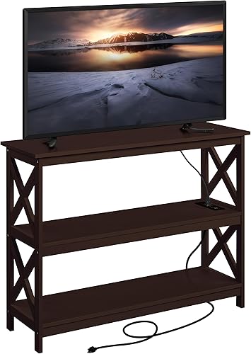 Yaheetech Soporte de TV con toma de corriente, centro de entretenimiento para TV de hasta 45 pulgadas, mesa consola multimedia de 3 niveles con
