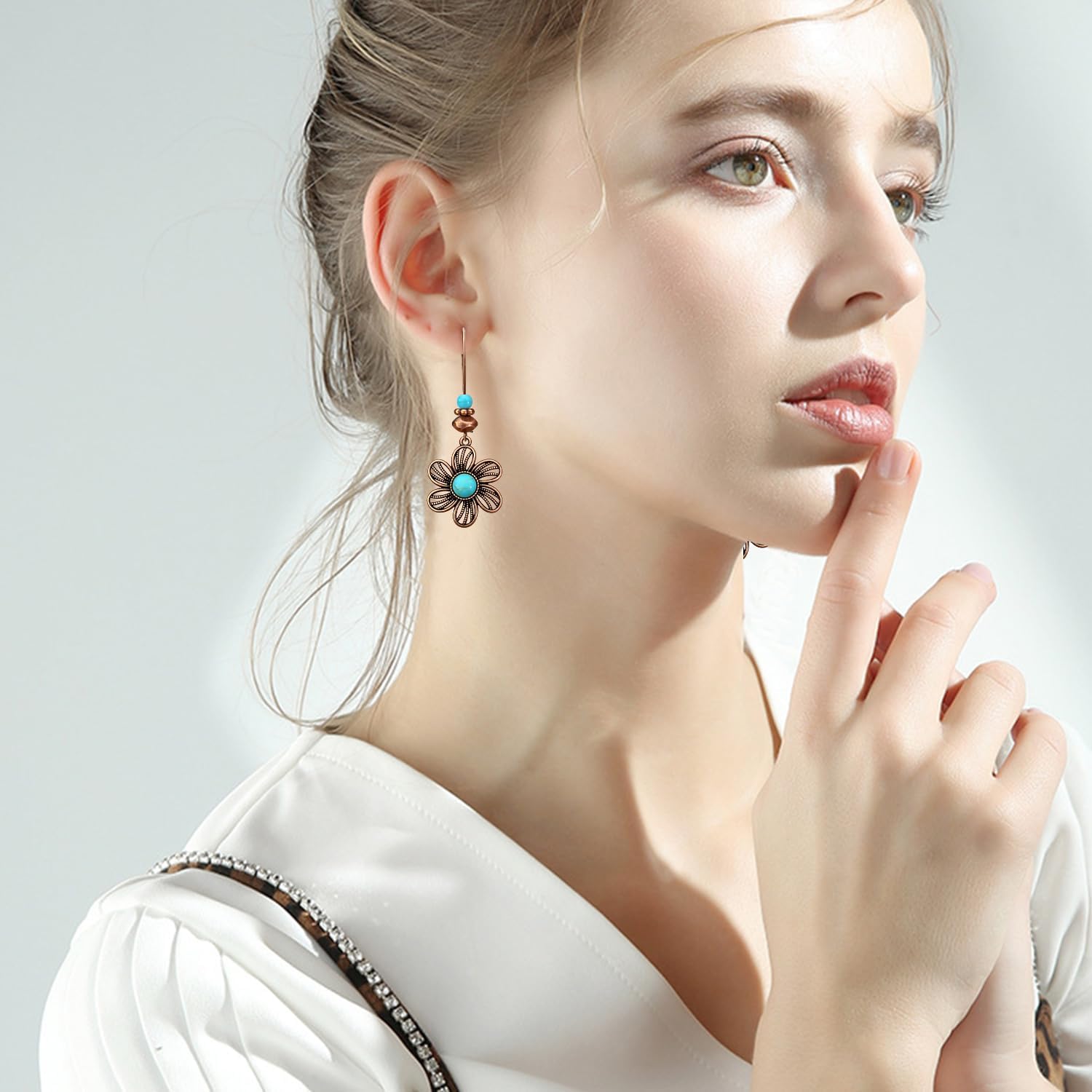 Bohemian Vintage Copper Hollow Flower Turquoise Dangle Drop Earrings Retro Tassel Floral Leverback Earrings For Women - Image 3