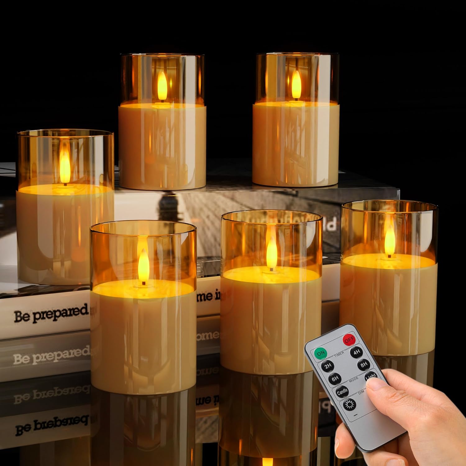 Glass Flameless Votive Candles, 2" x 3" Battery Operated Candles with Remote, Real Wax Flickering flameless Candle, 6 Pack Realistic LED Candle for Home Wedding Party, Glod