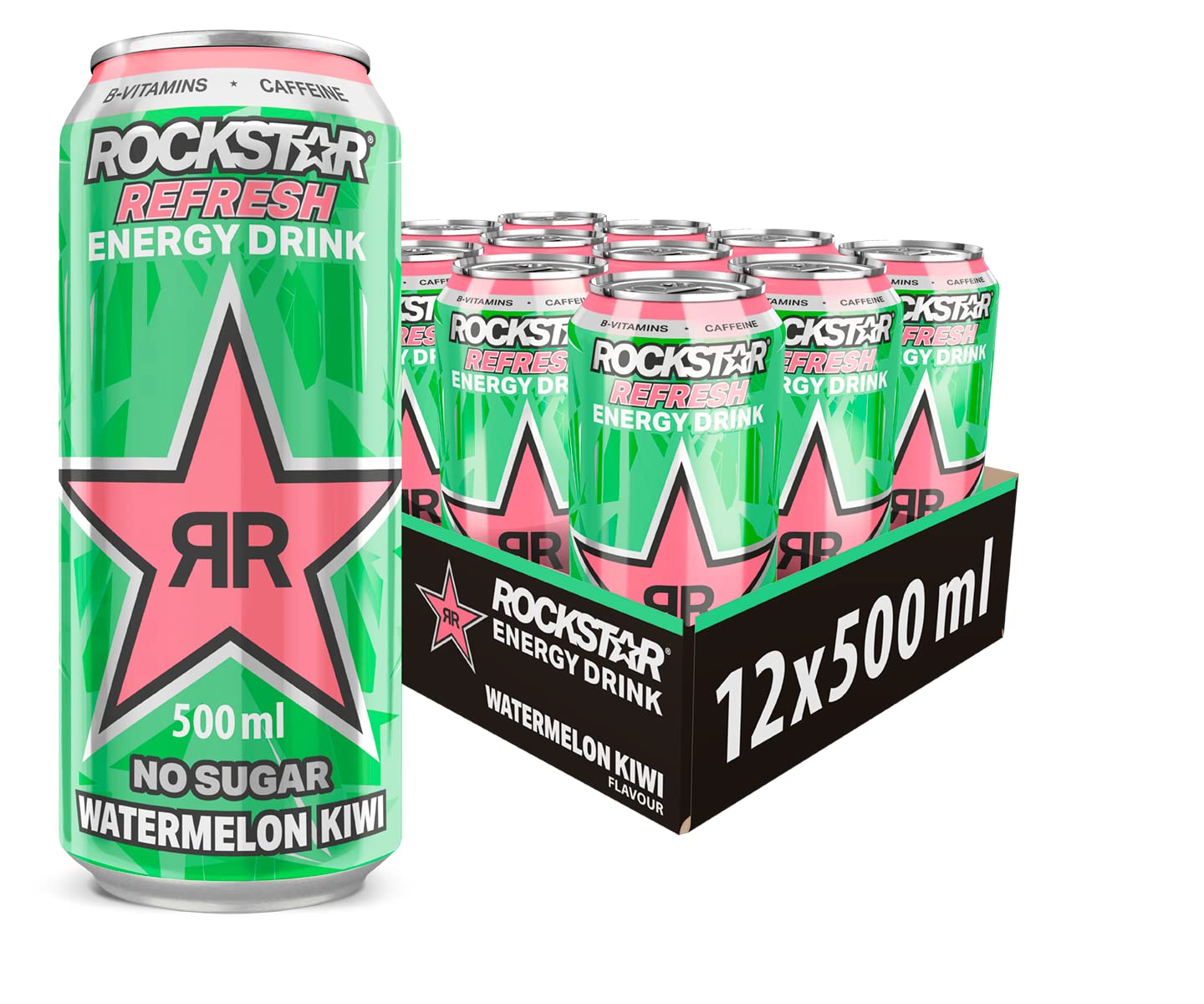 Rockstar watermelon kiwi Bebida energética con cafeína y cero azúcar con sabor a sandía y kiwi, pack de 12 latas de 500 ml, 6 litros en total