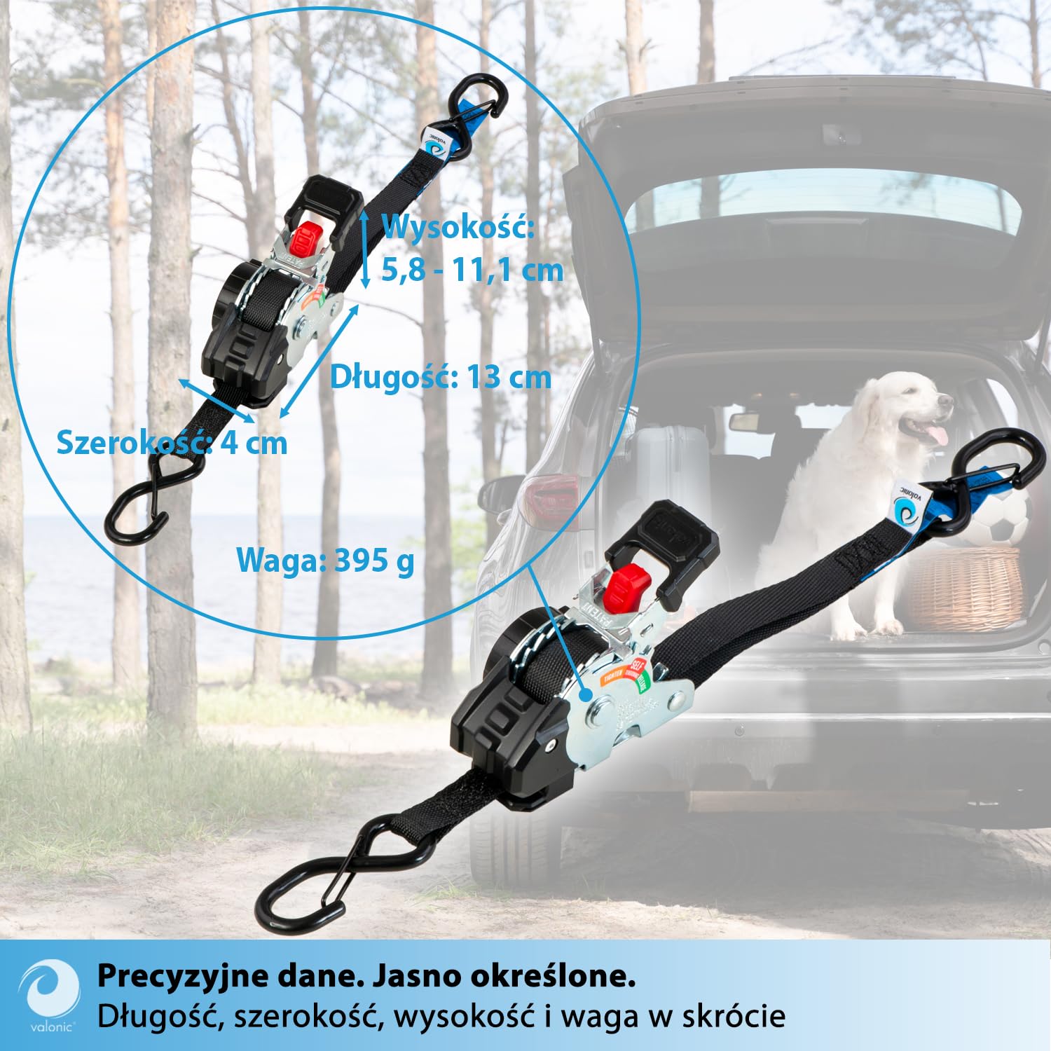 valonic CRETA 2 m, Mini automatyczne pasy mocujące, do codziennego użytku i transportu, zestaw 4 szt., 150 kg siła mocowania, 19 mm, mini, haki S z zabezpieczeniem