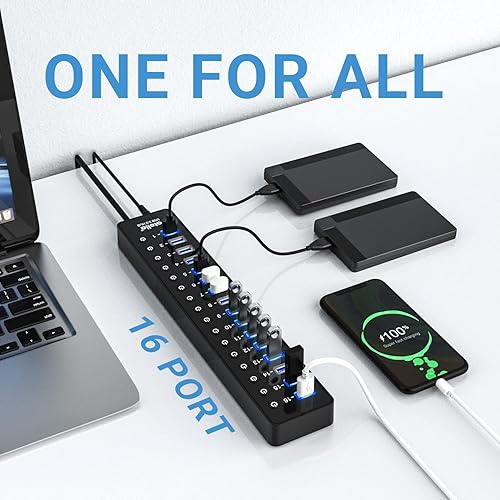 Miniatura 3 de Hub USB 3.0 de alimentación, divisor USB atolla de 16 puertos con adaptador de corriente de 12 V6 A e interruptores individuales, transferencia de