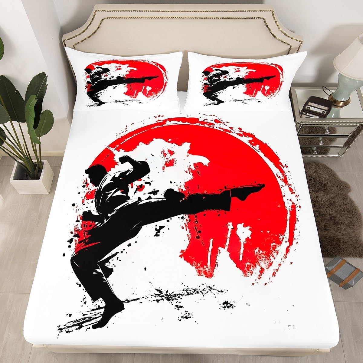 jejeloiu Japanese Style Fitted Sheet Full Size Kids Taekwondo Bed Sheet Set for Boys Girls Teens Red Sun Bedding Set Breathable Bed Cover Room Decor Bed Set