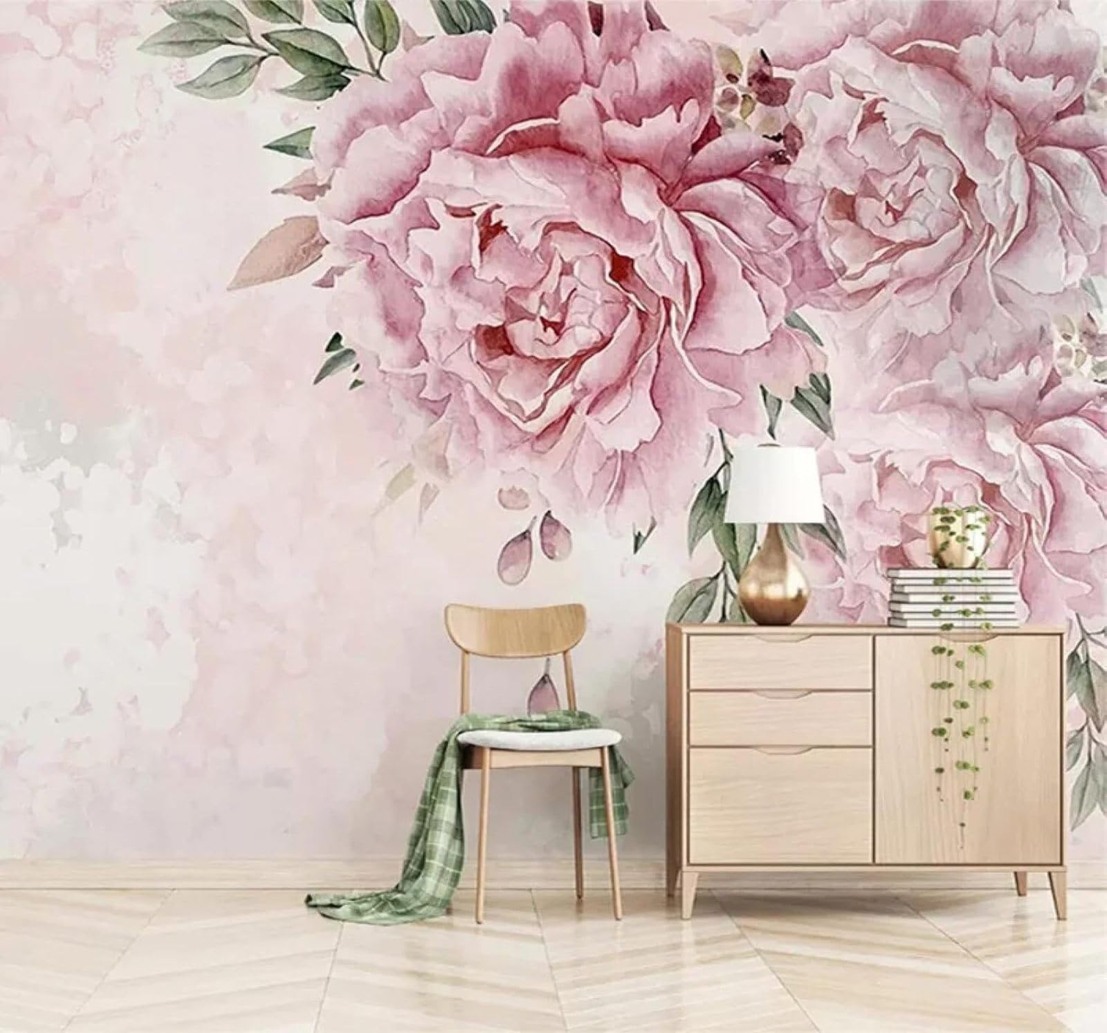 Xlming 150Cm×105Cm(B×H) Hand Painted Watercolour Romantic Pink Peony 3D Wallpaper Luxury Home Dining Decor Paste Sofa Living Room The Wall For Bedroom Mural-150Cm×105Cm