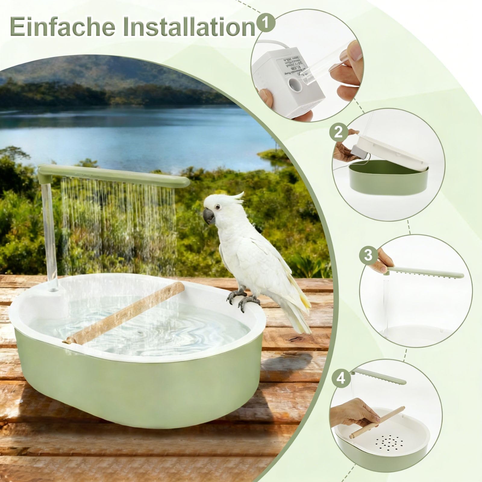 Bain d'oiseaux 32 x 26 cm pour perruches en polypropylène Vert Style frais Circulation automatique de l'eau de pluie Douche d'oiseaux avec 26 sorties d'eau pour