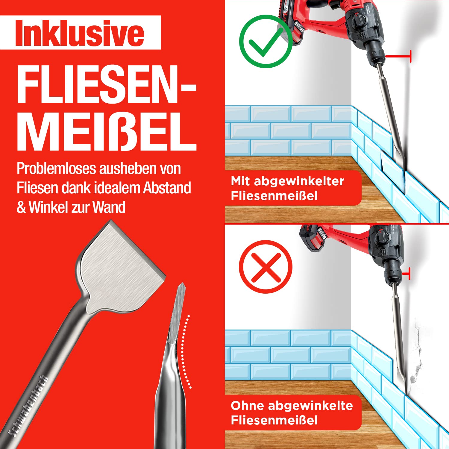 SCHWABENBACH® SDS Max Meißel 400mm 4tlg. - Fliesenmeißel 50 mm Abgewinkelt + Flachmeißel 25mm + 50mm + Spitzmeißel - Meißel Set kompatibel mit Bosch Hilti Bohrhammer