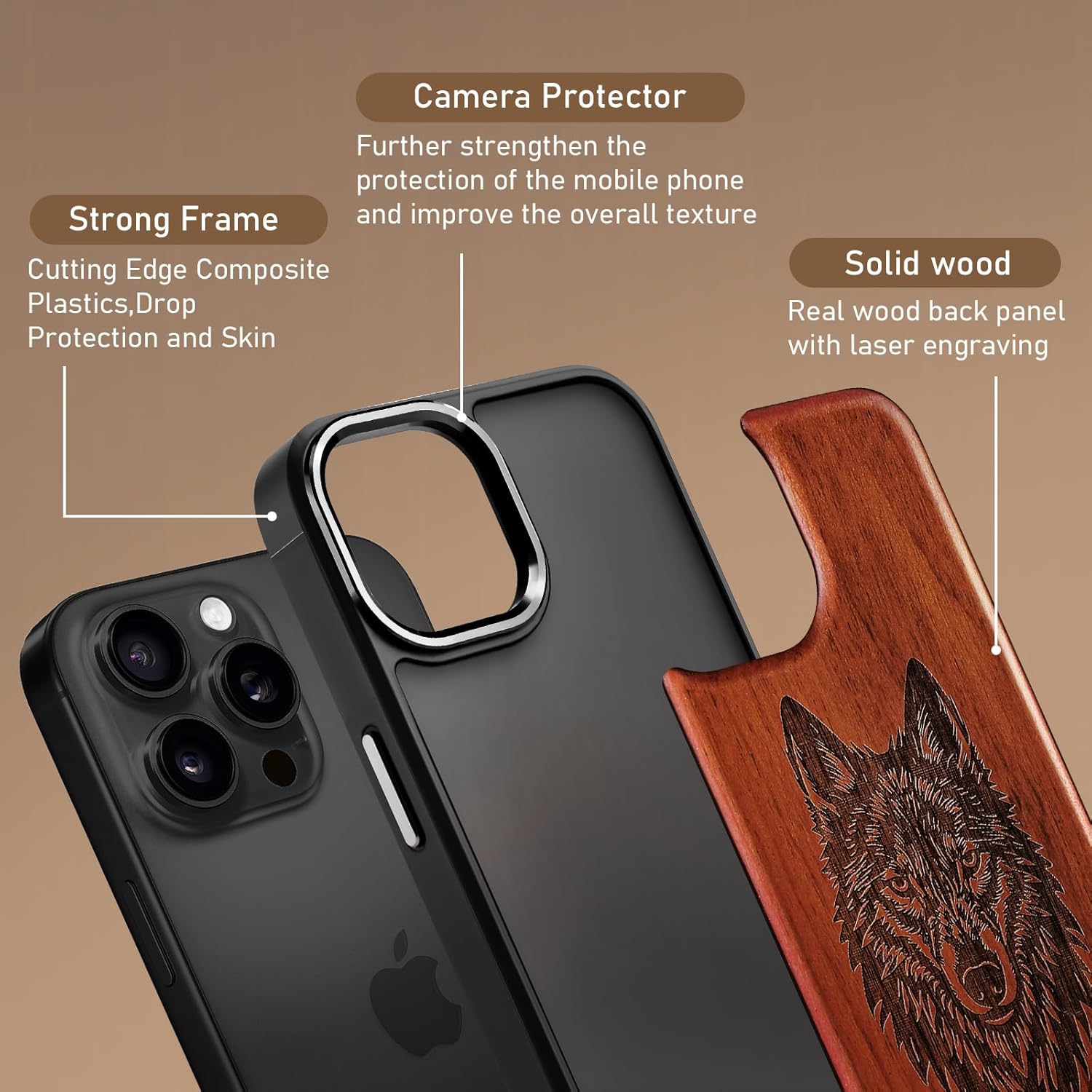 Magnetic Wood Case for iPhone 14 Case/iPhone 13 Case Natural Wood I Metal Lens Frame Protection I Unique & Classy Wooden Shockproof Protective Cover Compatible with magsafe-Rose Wood-Wolf