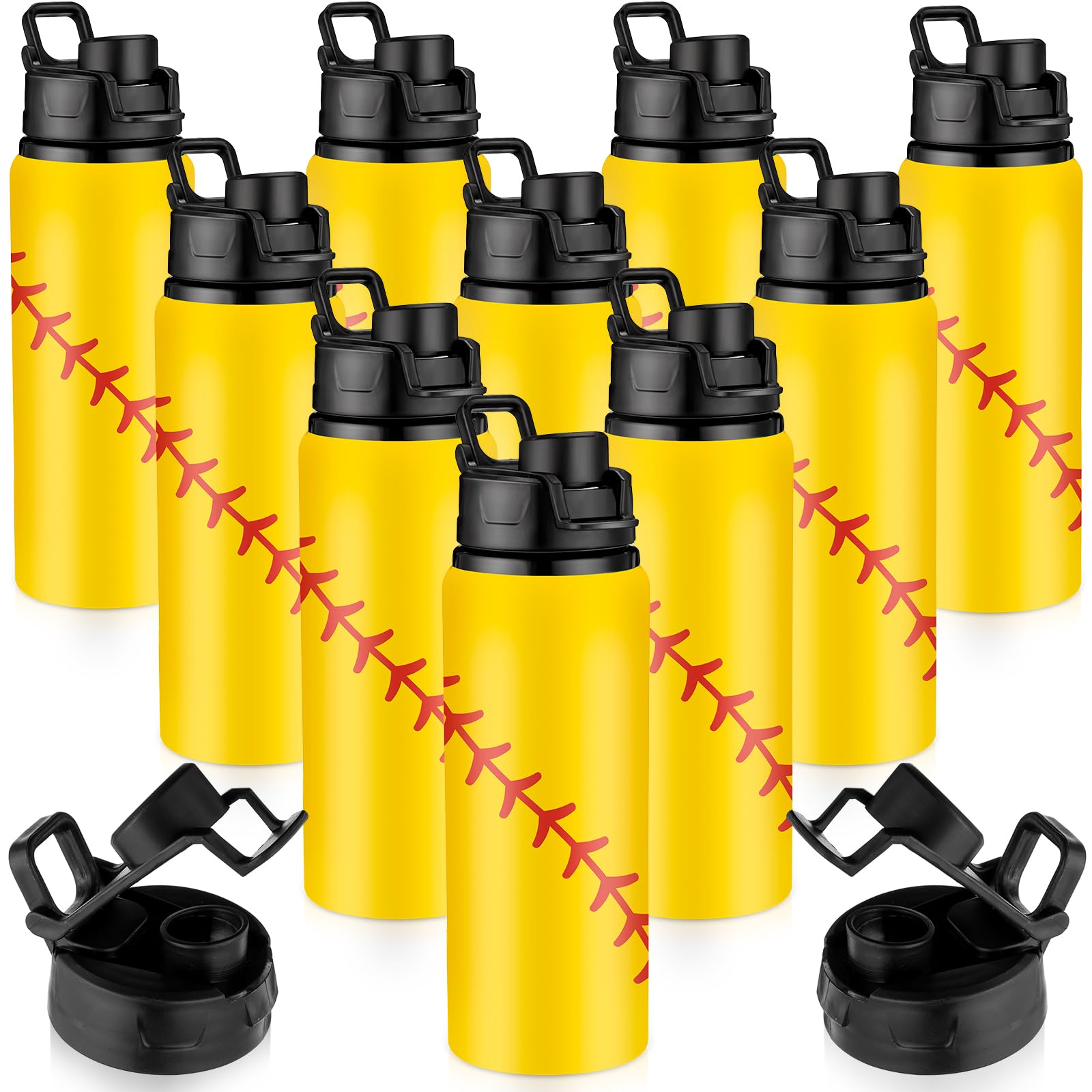 Umigy 10 Pcs Softball Water Bottles Aluminum Softball Gifts Bulk Baseball Tumbler Baseball Sports Bottle with Snap Lid Leak Proof for Kid Team Travel Coffee Gym (Yellow,25 oz)