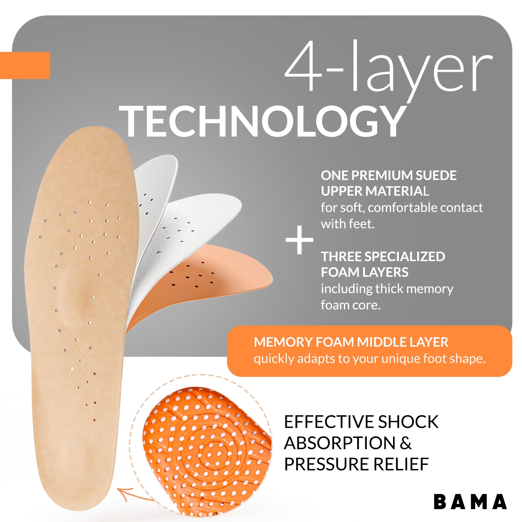 Bama Comfort Memory Foam - Amortyzowane Wkładki Piankowe Zapewniająca Wsparcie i Oddychalność - Wygodna Wkładka do Butów Unisex, Brązowo-Pomarańczowa 40/41 EUR