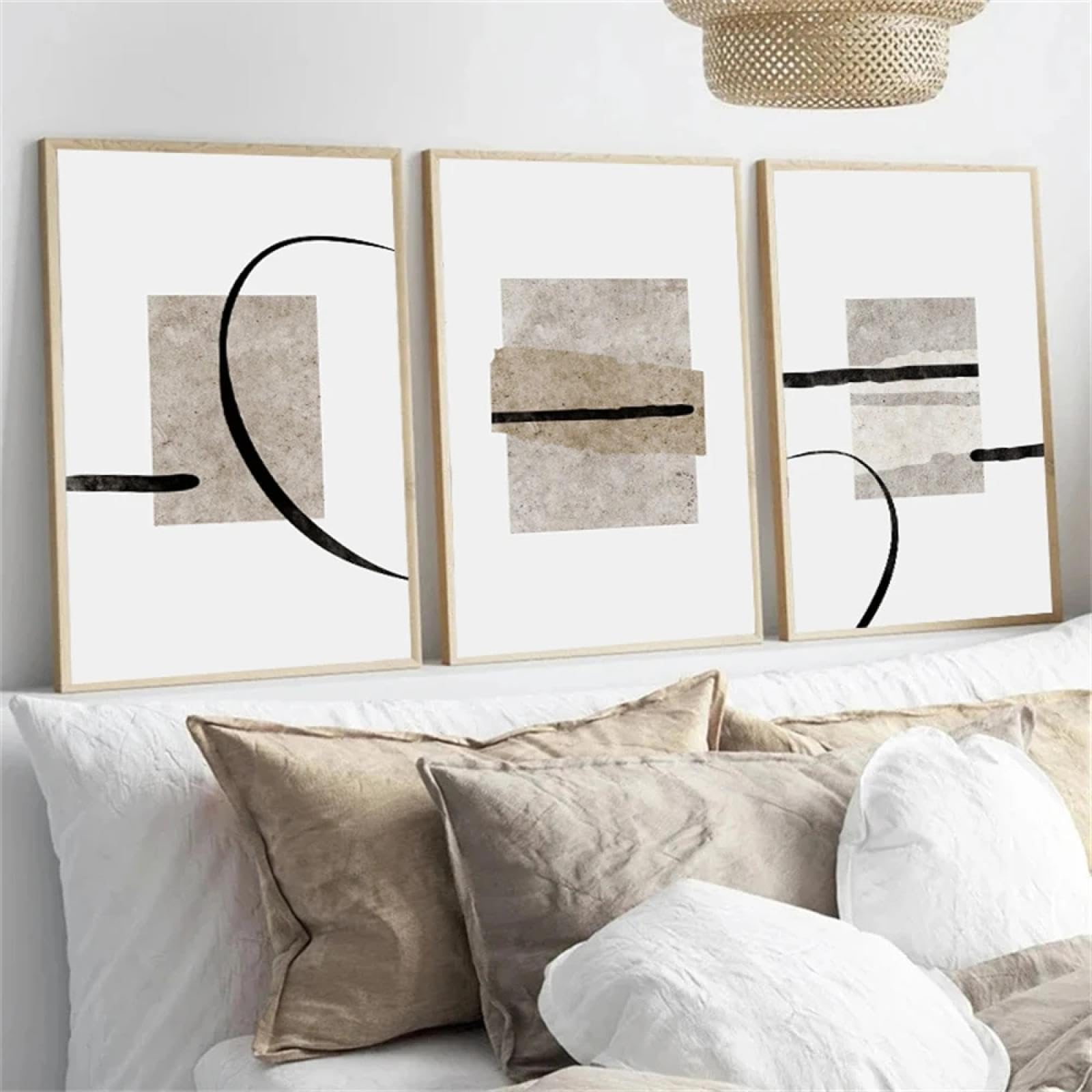 ZHAOLIN Abstract Black Beige Geometry Line Canvas Painting Modern Boho Wall Art Poster Print Pictures Living Room Interior Decor 30x45cm(12x18in) x3 frameless