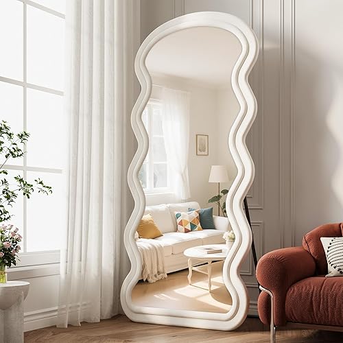 Wavy Full Length Mirror, 71"x32" Flannel Mirrors Full Length with Stand, Full Boby Mirrors for Bedroom, Living Room, Cloakroom, Hanging Leaning Wall Mirror, White