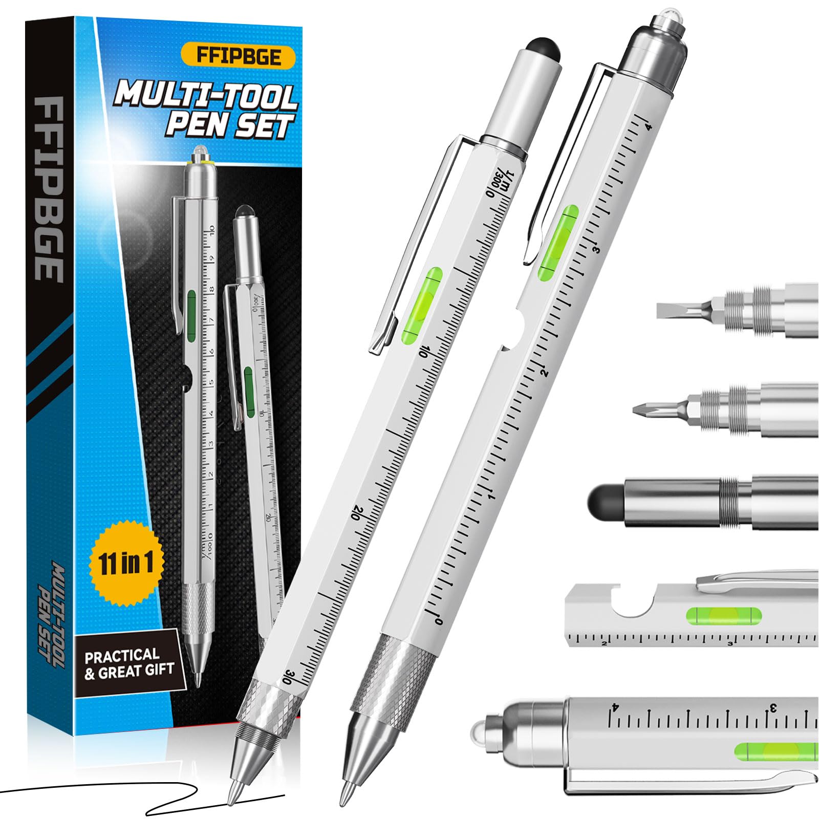 Fathers Day Dad Gifts from Daughter Wife Son, 2 Pack Multi-Tool Pen Set, 11 in 1 Multitool Pen with LED Light, Ruler, Level, Screwdriver, Stylus, Flathead, Birthday Gifts for Men, Husband, Silver