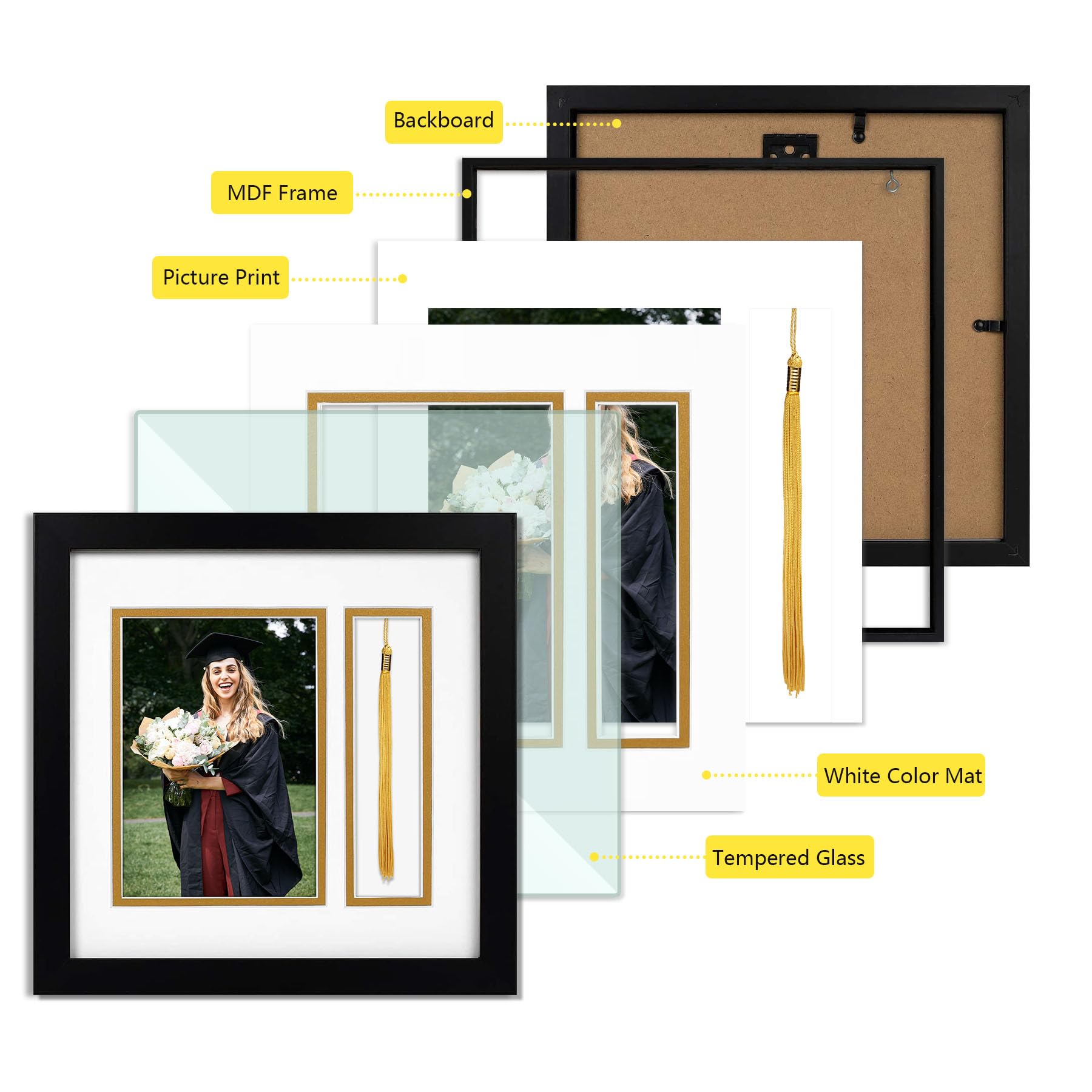 Golden State Art 10x10 Graduation Frame with Real Glass - Fits 5x7 Photo & Tassel - Double Mat (Whire Over Gold) Signature Collection - Diploma Frame with Tassel Holder for Wall Display