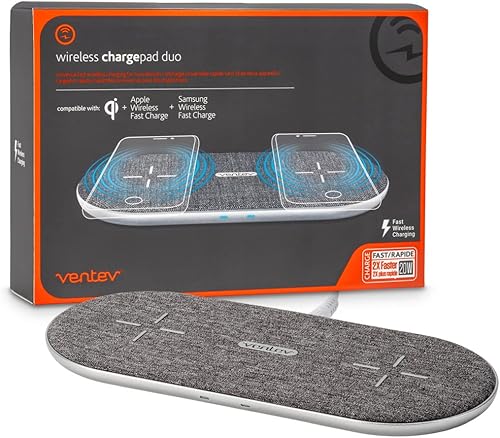 Ventev Cargador inalámbrico Duo con tecnología Qi | Estación de carga rápida Samsung y Apple para dos teléfonos a la vez | Funciona como cargador de