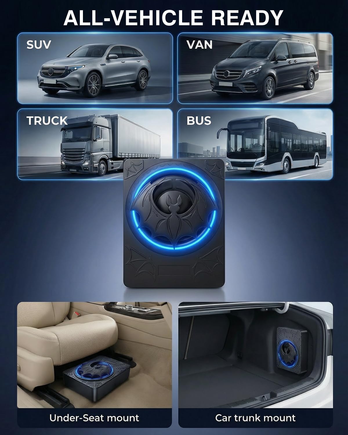 Subwoofer Activo para Coche, Que se Puede Instalar Debajo del Asiento, con una Potencia Máxima de 1200 Vatios, Amplificador Integrado y Luces Ambientales RGB Controlables a Través de Una Aplicación