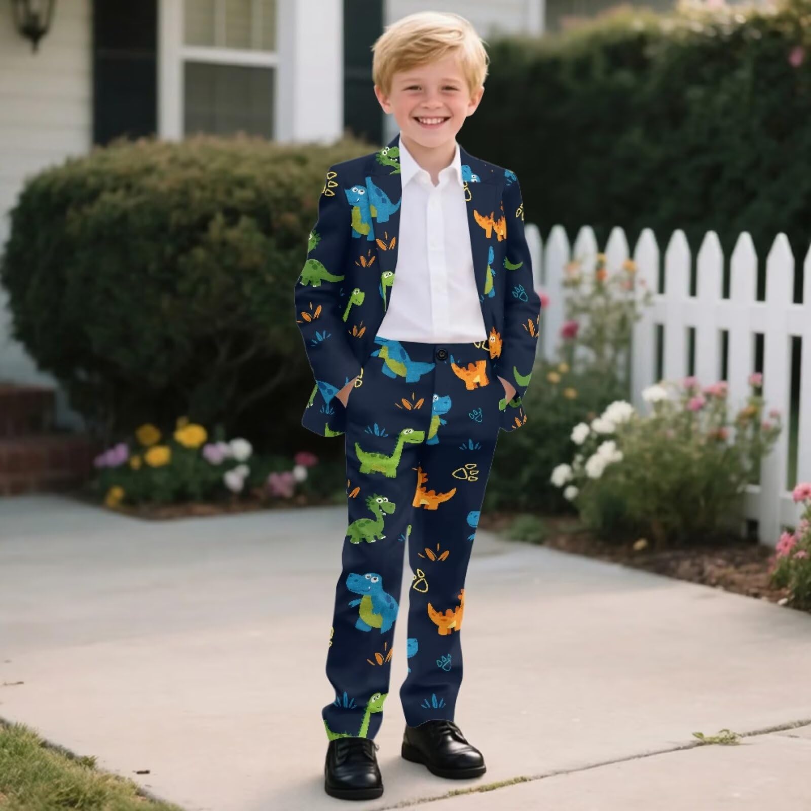 Biyejit 2-teiliges Anzug-Set für Jungen, mit einem Knopf, Blazer und Hose, lässige Smokingjacke, Alter 5–14 Jahre, Dinosaurier, 11-12 Jahre