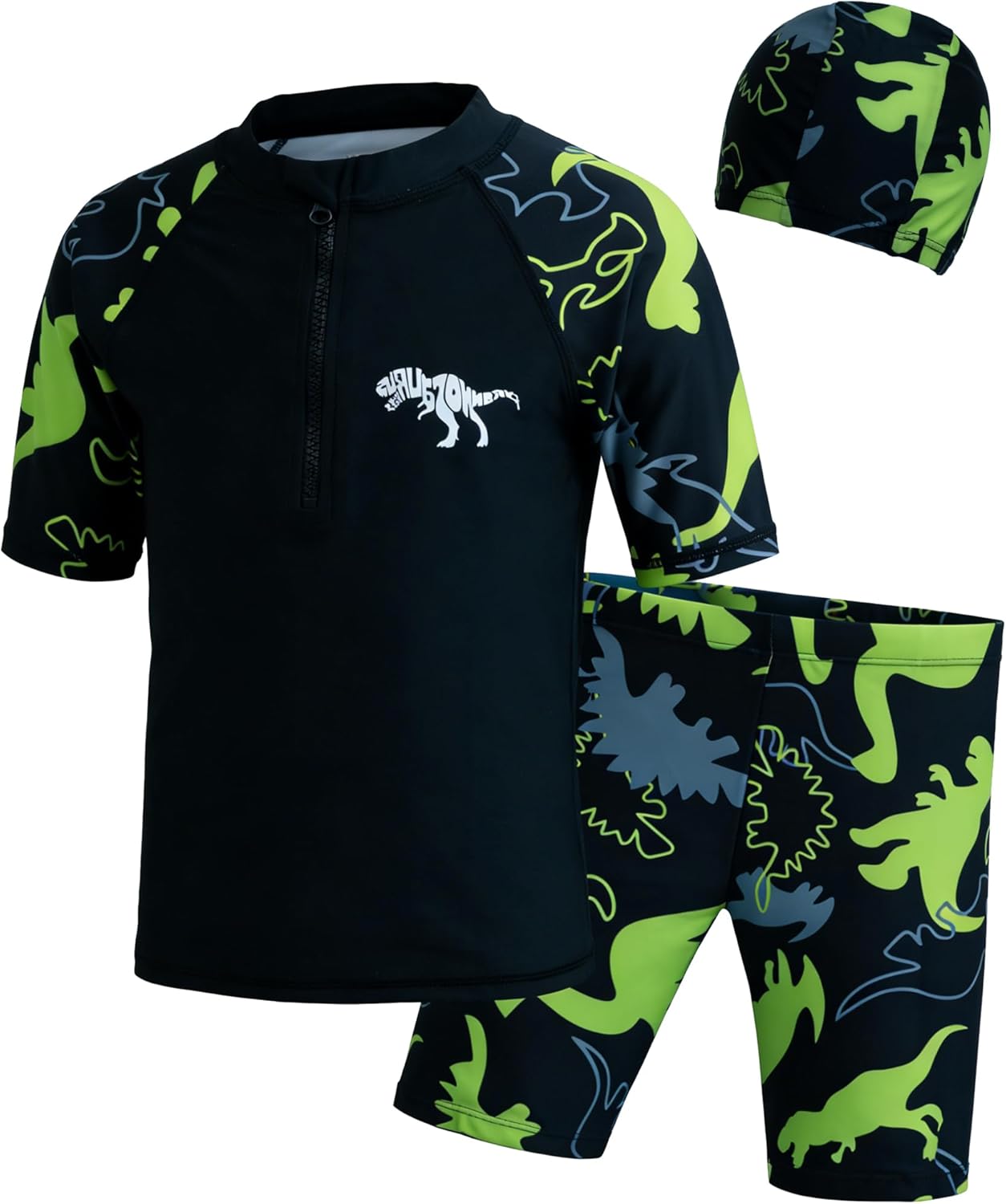 LUCKYLI Boys Swim Set – UPF50+ Rashguard, Trunks with Drawstring & Cap, 4-Way Stretch, Quick Dry, Sublimated, for Beach/Pool