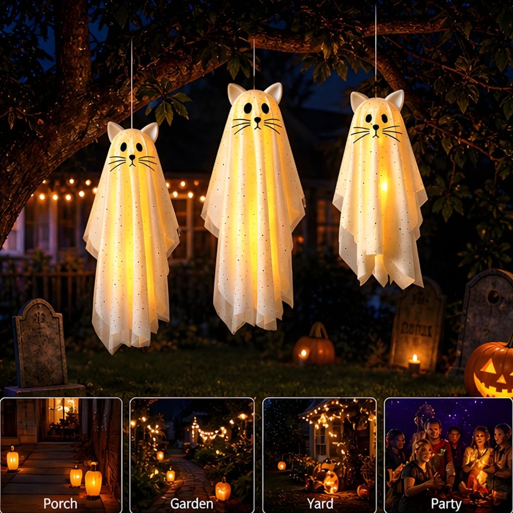 Miękkie światło zestaw wiszących figurek na Halloween, podświetlany 3-częściowy sezonowy akcent na okno na werandę i do użytku wewnątrz