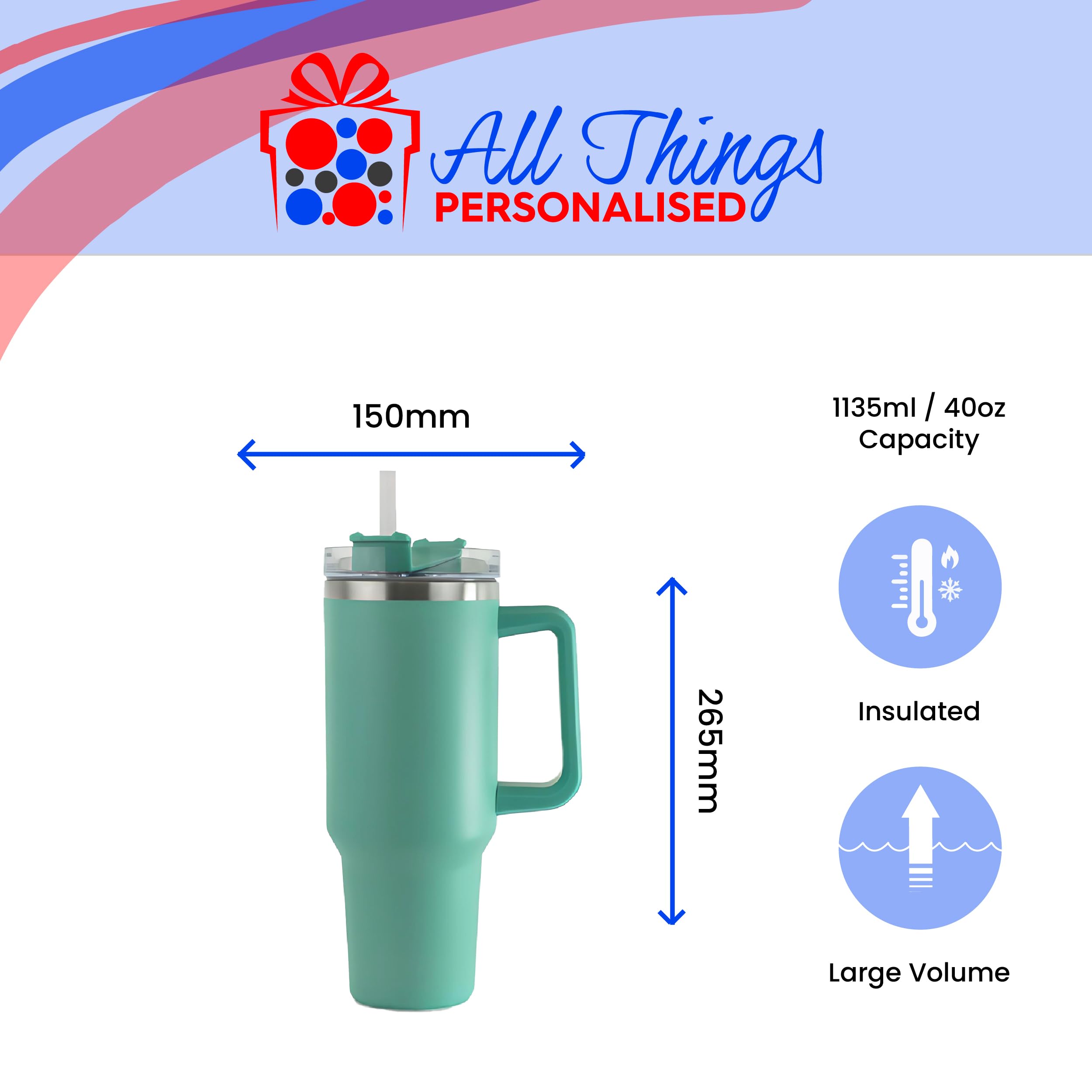 Gobelet isotherme gravé personnalisable, 1135 ml, grande tasse à café de voyage bleu sarcelle, personnalisable avec n'importe quel nom et police de caractère, en acier inoxydable, paille et poignée