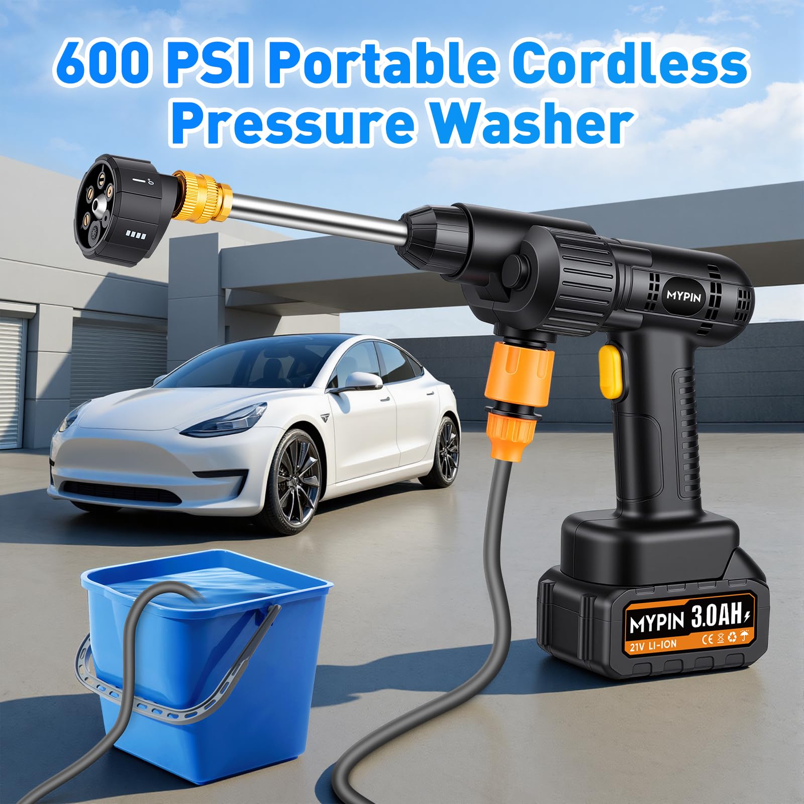Nettoyeur Haute Pression sans Fil, 600 PSI 21V, Nettoyeur Haute Pression sur Batterie avec 2 Batteries Rechargeables, Buse 6-en-1 et Buses Jet pour Nettoyage Voiture Sol Mur Clôture